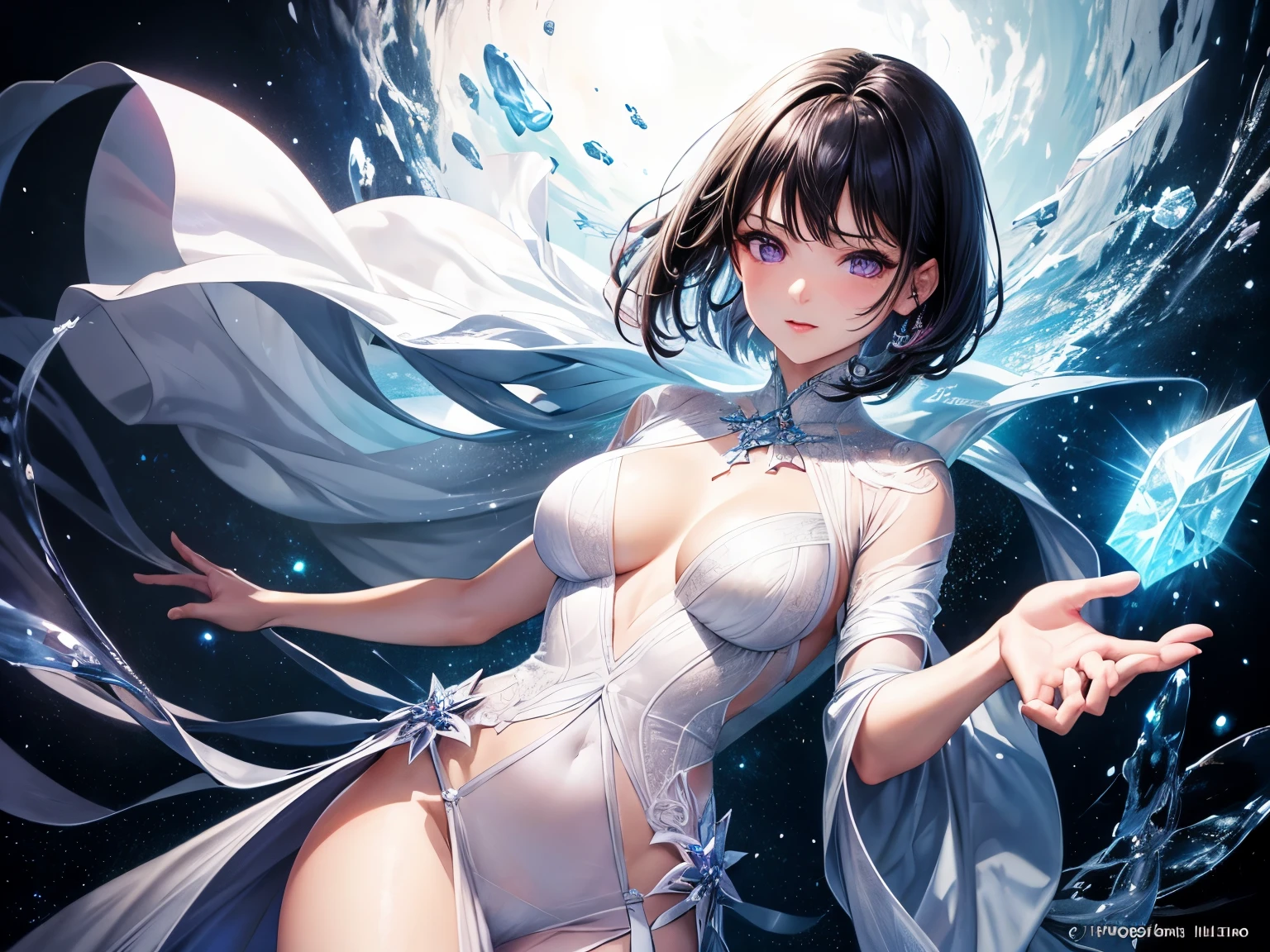 White sheer dress, shiny silver, look lucky, highest quality, masterpiece, ultra high resolution, realistic,adult,1 female,mature,sexy,purple eyes,black hair,water,ice crystals,short hair,mysterious,whole body,Diamond dust
