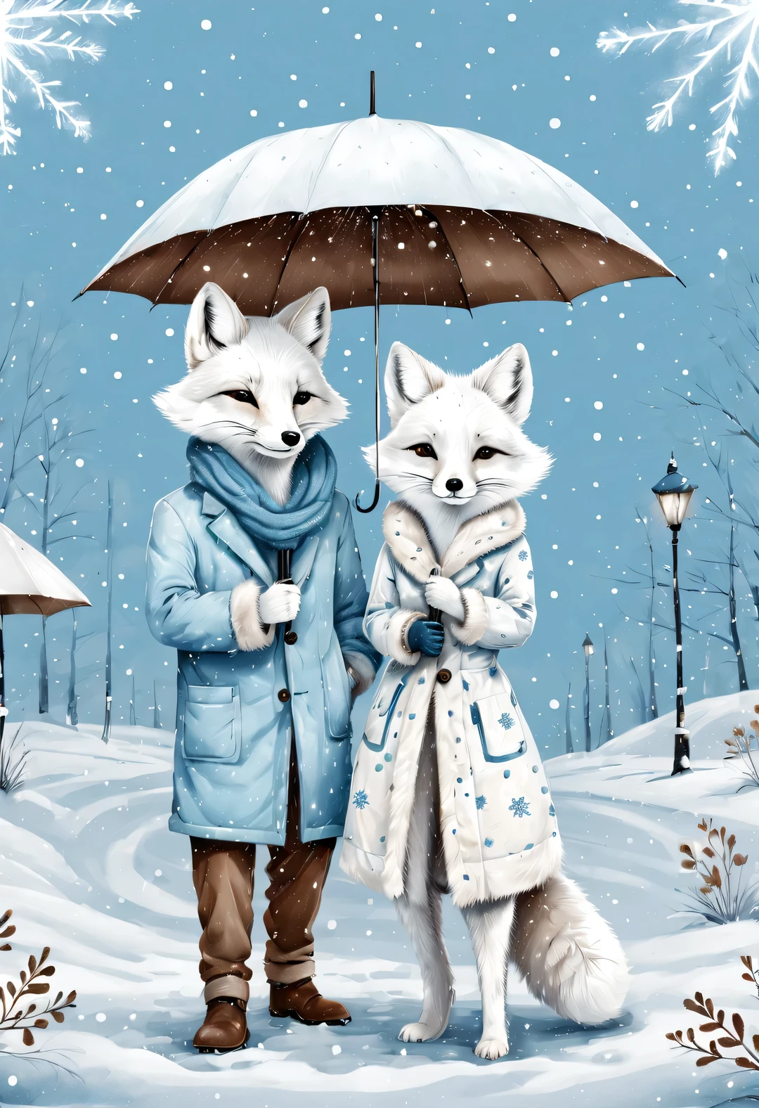 Charming full body cartoon of light blue and white arctic fox couple, snowflakes under umbrella, Ejon Klaassen (Jörn Klassen) re-created in style, toft itself, Modern sketch and dynamic line drawing with brown texture 