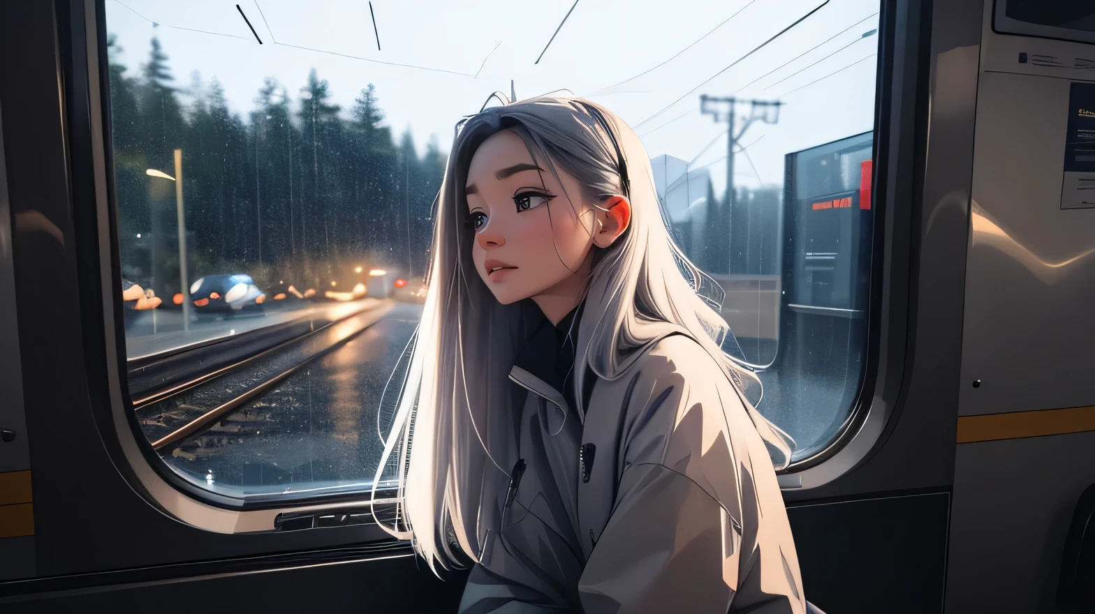 train, Sit by the window, take a pensive posture, Dark interior, My head got stuck in the glass, Scenery passing by at high speed, night trip, rainy night sky, Beautiful girl, UHD Portraits, (high quality) (ultra detail) Observation of a viewer wearing hip-hop style street clothes; different, fancy, long colored silver hair 🌈