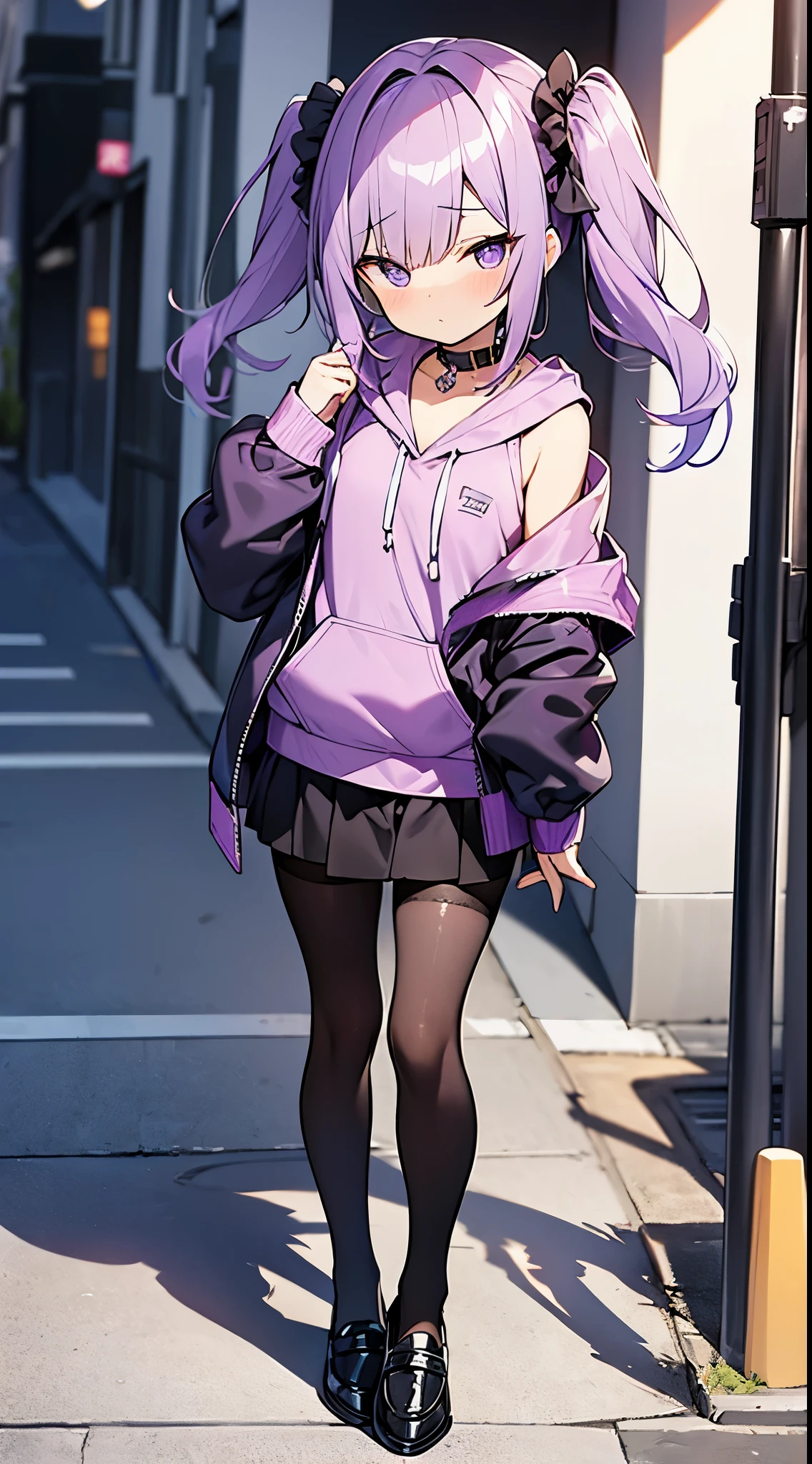 1 girl, grunge clothing, purple clothing, street