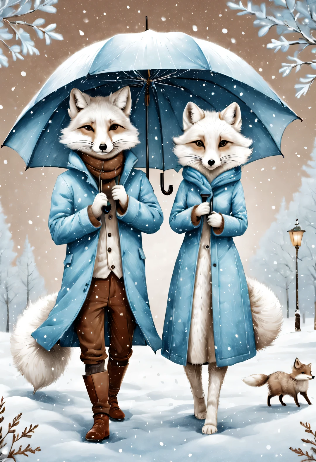 Charming full body cartoon of light blue and white arctic fox couple, snowflakes under umbrella, Ejon Klaassen (Jörn Klassen) re-created in style, toft itself, Modern sketch and dynamic line drawing with brown texture 