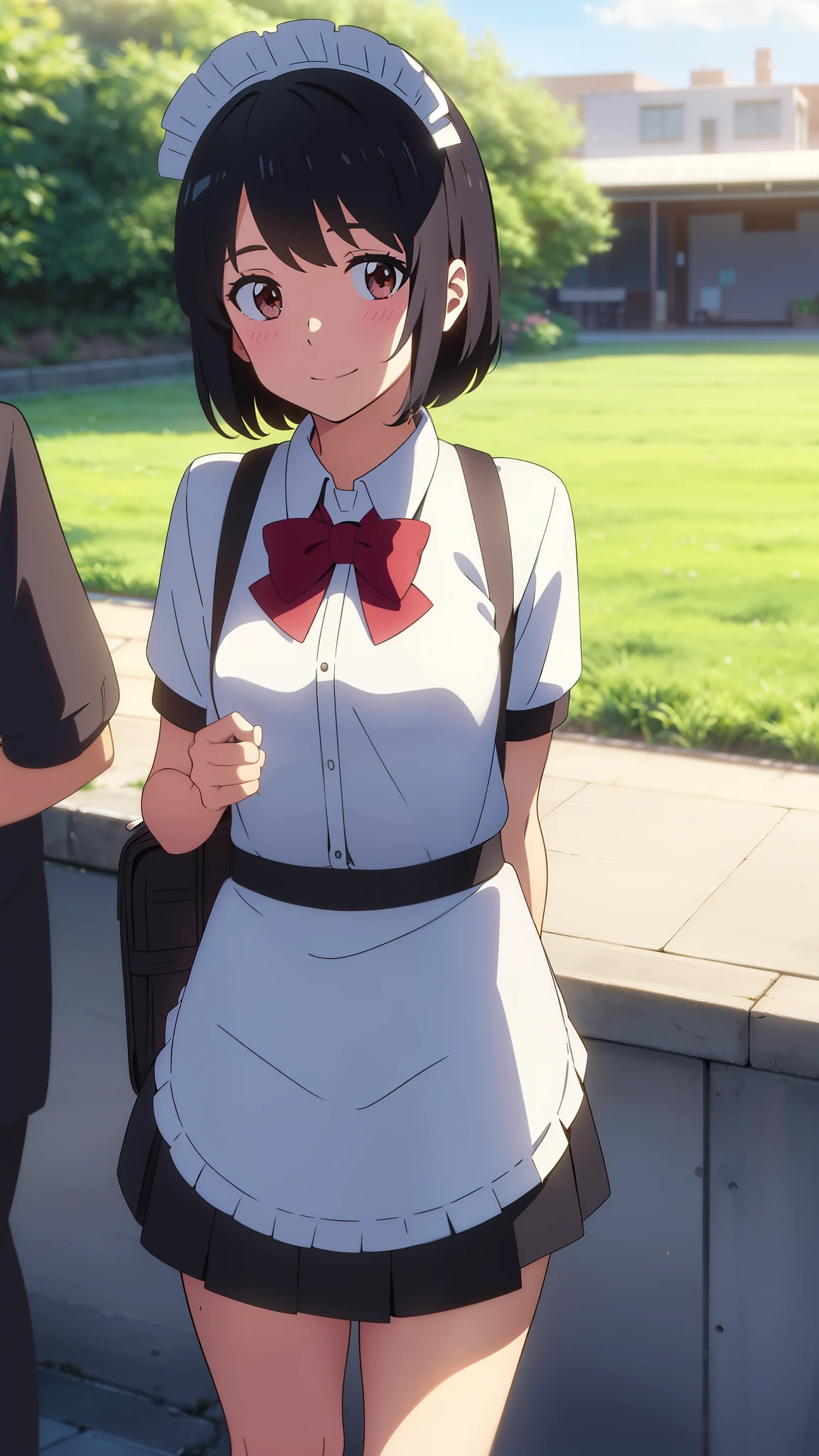 shinkai makoto, kimi no na wa., 1girl, bangs, black hair, short hair, blush, brown eyes, looking at the viewer, ((girl wear maid dress, short sleeves, short dress, short skirt, maid headdress)), school uniform, red bow, red ribbon, smile, cute, school backpack, happy, fun, joyful, school, outdoors, sky, cloud, sunlight