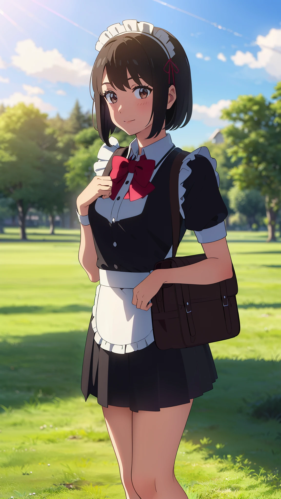 shinkai makoto, kimi no na wa., 1girl, bangs, black hair, short hair, blush, brown eyes, looking at the viewer, ((girl wear maid dress, short sleeves, short dress, short skirt, maid headdress)), school uniform, red bow, red ribbon, smile, cute, school backpack, school, outdoors, sky, cloudy, sunlight