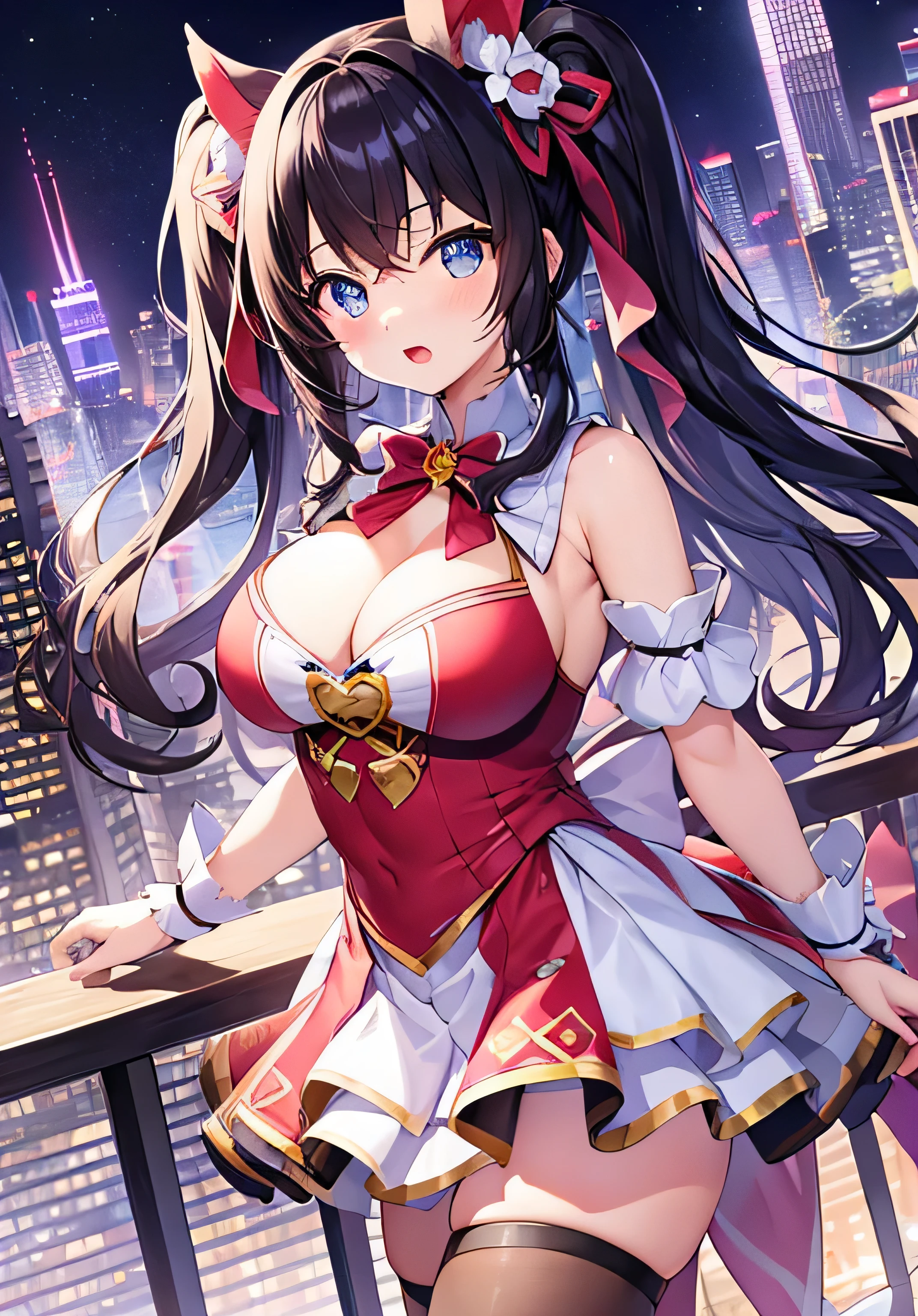 masterpiece、best image quality、ultra high resolution、A age magical girl with firm big breasts、twin tail hairstyle、black hair、red face、shyly、mock、Open your mouth just a little、Teenmagical girl costume that shows cleavage、Teenage cal girl miniskirt、Teenage magigirl knee-high socks、skyscrapers at night、on the roof of a skyscraper、at night