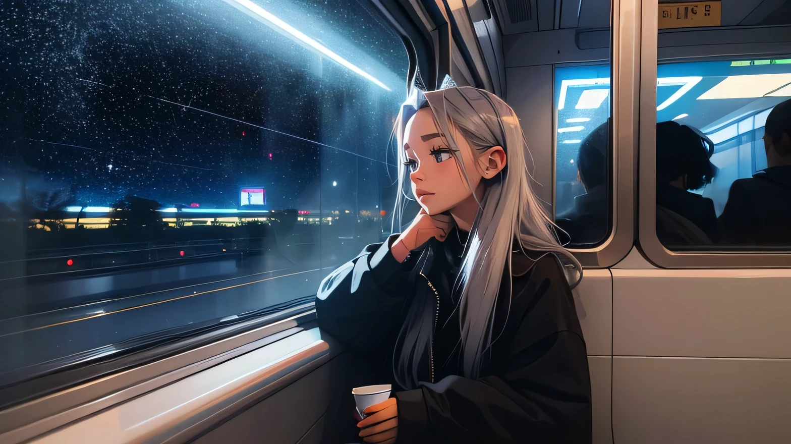 train,  Sit by the window,  take a pensive posture, look at the stars, My head got stuck in the glass, Scenery passing by at high speed, night trip, beautiful starry sky, Beautiful girl, UHD Portraits, (high quality) (ultra detail) Observation of a viewer wearing hip-hop style street clothes; different, fancy, long colored silver hair 🌈