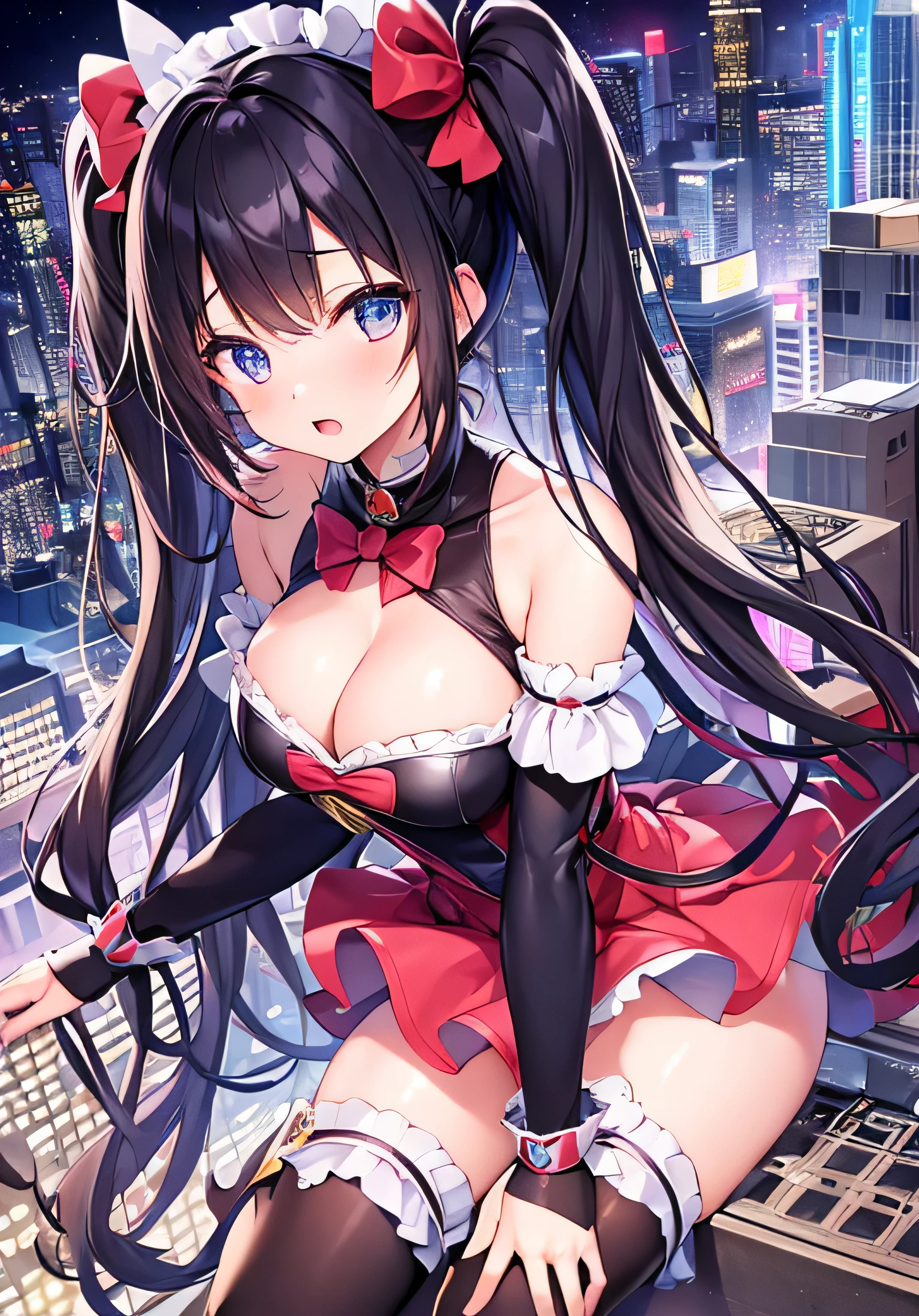 masterpiece、best image quality、ultra high resolution、A age magical girl with firm big breasts、twin tail hairstyle、black hair、red face、shyly、mock、Open your mouth just a little、Teenmagical girl costume that shows cleavage、Teenage cal girl miniskirt、Teenage magigirl knee-high socks、skyscrapers at night、on the roof of a skyscraper、at night