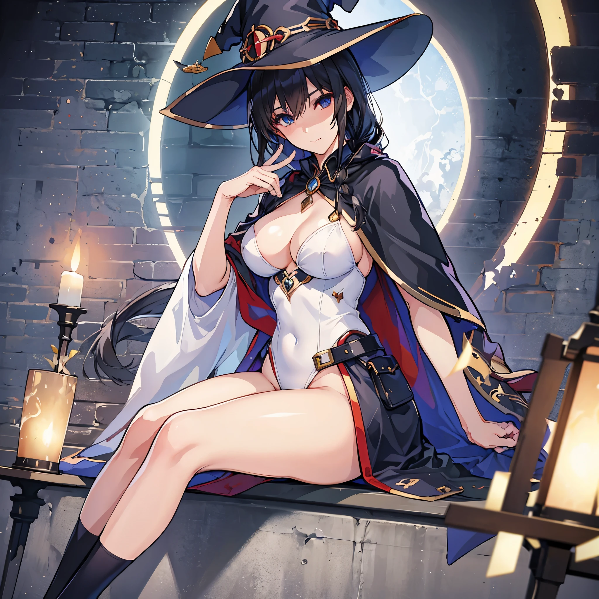 (highest quality, In 4K, 8k, High resolution, pieces fly:1.2),Super detailed,mature woman,,master piece, highest quality, super fine,maximum resolution, very detailed, sexy,beautiful eyes,nice&beauty,(witch,white leotard,bottomless, mage,thigh high socks,big breasts,cape,high-leg)),braided hair,seductive thighs,code,black long hair,In a medieval castle,wind