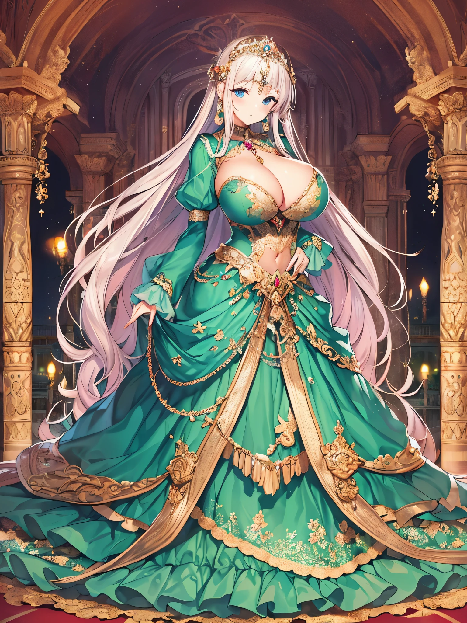 anime artstyle,Masterpiece,Best Quality,Super Detail,Very Delicate and Beautiful,Solo,full body,full body portrait,((1 bling-bling princess in a gorgeous embroidery rococo ballgown with  jeweled)),(((very very gigantic tits,cleavage))),curvy,Skindentation,((fantasy castle,outdoor)),((crinoline,long train)),super detailed gorgeous princess ballgown with voluminous full length hoop skirt,gorgeous princess rococo ballgown with long train,gorgeous princess rococo ballgown with beautiful embroidery and jeweled,(detailed face and eyes),jewel-like eyes,((extremely voluminous straight Hair,Extremely Long Straight Hair)),extremely gorgeous hair ornament,((extremely gorgeous bling-bling big tiara)),bling-bling luxurious jewelry,((super detailed gorgeous embroidery gorgeous princess rococo ballgown with voluminous full length hoop skirt)),full body