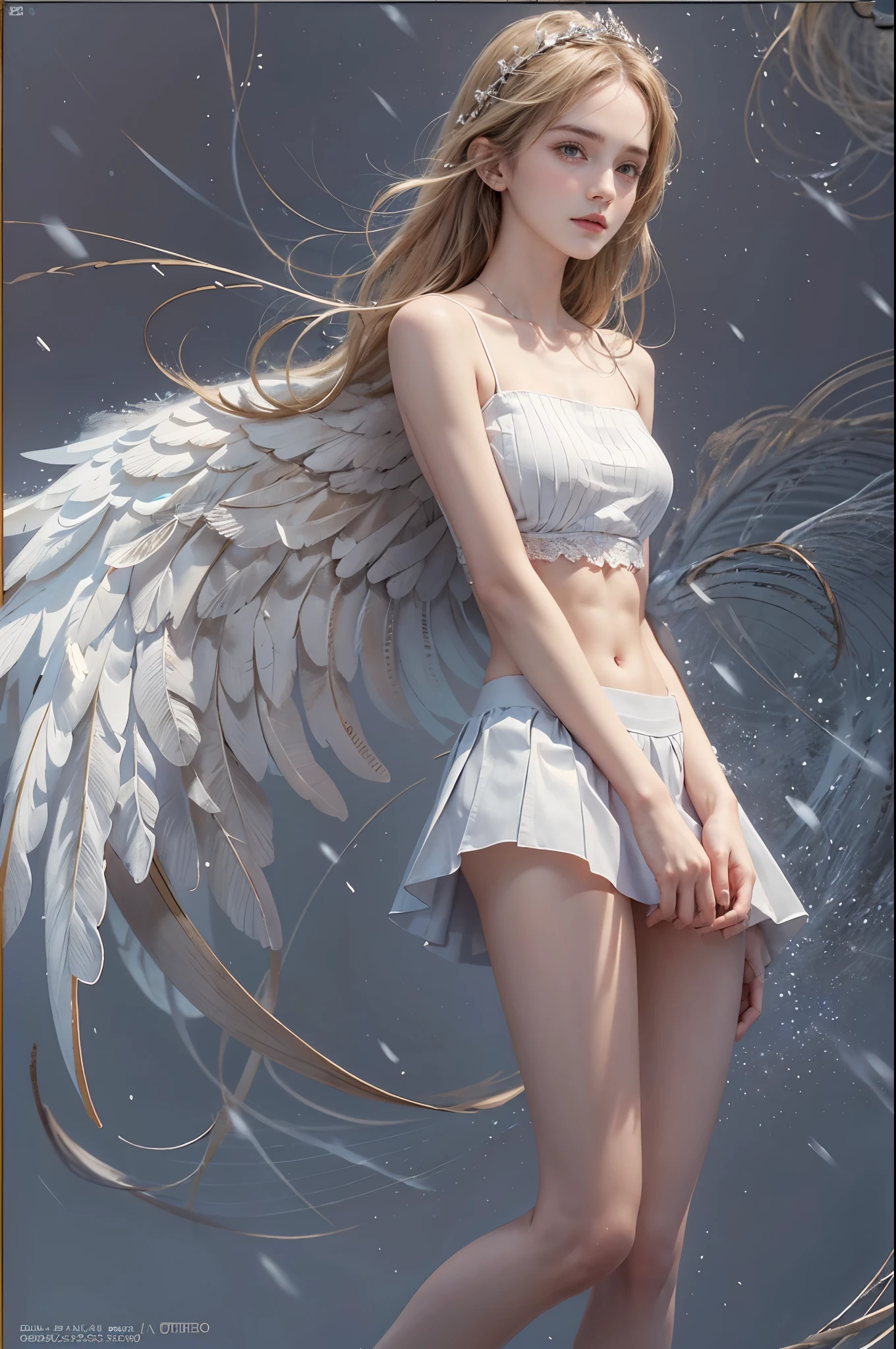 masterpiece, best quality, high quality, High definition, High quality texture, High quality shadow, high detail, beautiful detailed, finely detailed, extremely detailed cg, detailed texture, a realistic representation of the face, realistic, colorful, delicate, sharp focus, (intricate details, makeup, PureErosFace_V1:0.5), (detailed beautiful delicate face, detailed beautiful delicate eyes, a face of perfect proportion, high detailed skin, detailed skin, best ratio four finger and one thumb, skiny and thin:1.3), 1girl, 17 years old, tall, (smooth_abs:1.55), (no_abs:0.5), (((showing abdomen))), (((tummy))), pretty, masterpiece, highres, (long_skinny_legs), (straight_legs), (skinny_waist), (((fair skin))), white skin, (((pale skin))), (Emma_watson), big_breast, (((Caucasian))), (((European))), Light blonde hair, orange Bandeau, orange short pleated skirt, standing legs apart, looking at viewer, full body, portrait of cute blonde girl, (((angel with wings))), (outside,Heavy snowfall, Cover with snow), (frontal light), (((studio light))) ((crop top)), showing abdomen, showing abs, snowfield, bloom, white fog, motion, wispy hair, realism, high-quality rendering, stunning art, high quality, film grain, Fujifilm XT3, dreamy, (((skinny thigh, thin thigh, narrow thigh)))