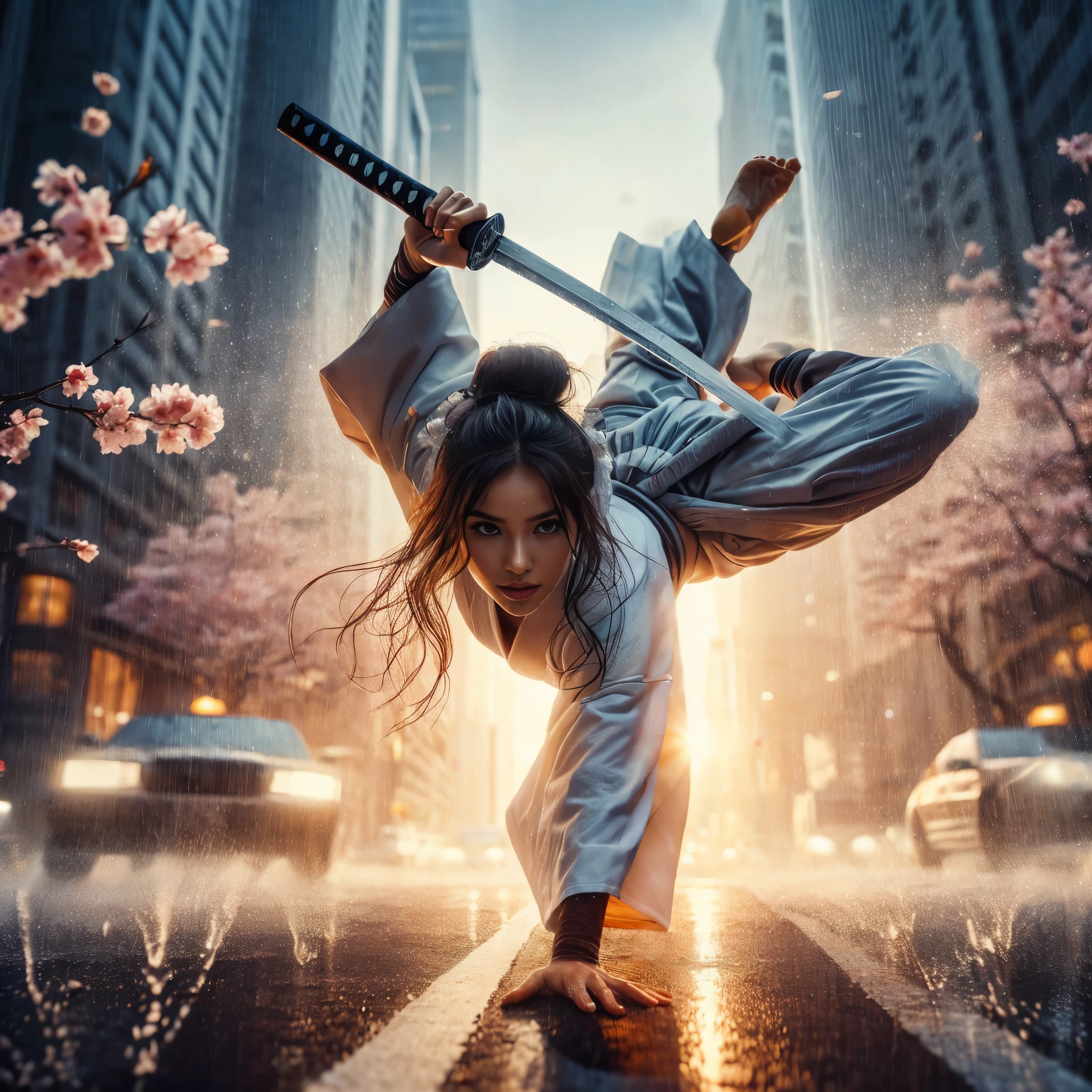 super high angle shot, a beautiful woman tribal,carrying white katana,doing stunning somersaults in city street, wearing white thin shirt,sunrise, background a falling cherry blossoms and city street,perfect proportional body, rainy atmosphere,stunning splash water effects from katana movement, smoke,ultra HD 32K,detailed and intricate, light focused on faces, ultra detail on faces,hyperrealistic, superrealistic photography, lighting on the front.