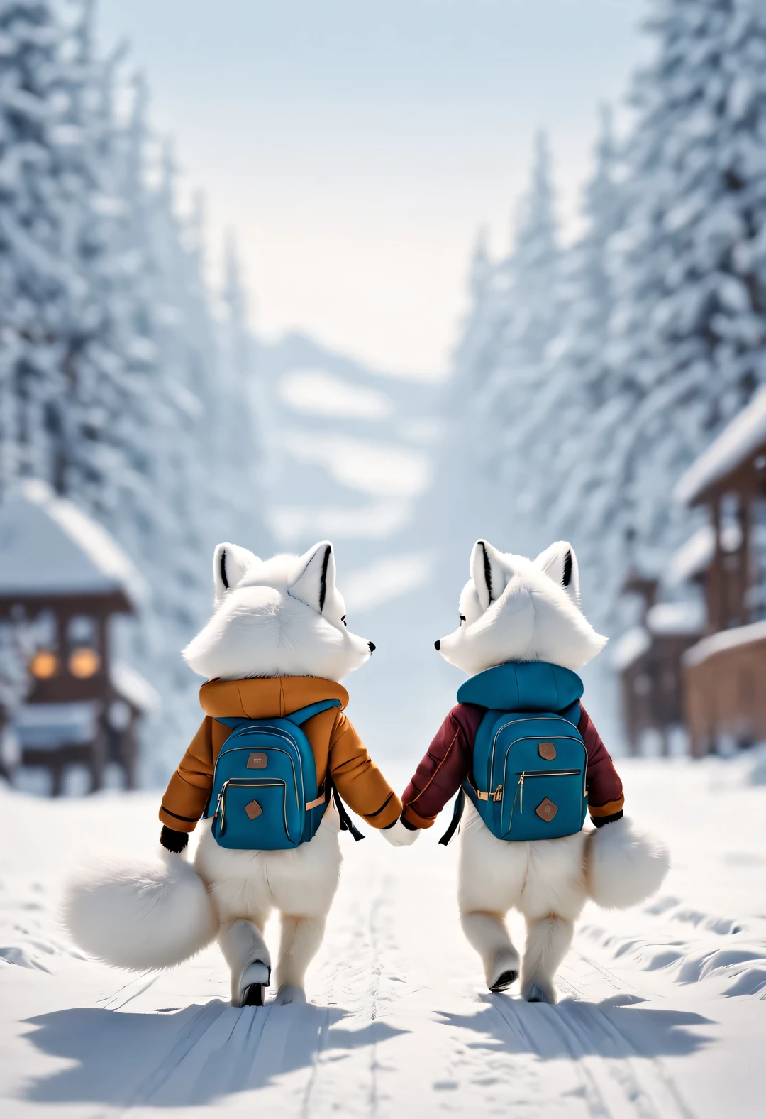 couple of little arctic foxes dressed with backpacks are walking down tracks in the snow, Rear view,Plush doll art style, snapshot aesthetics, #Friday visual effects, k-pop, automatism, brilliant, hidden object pictures ,Snow-white fur,nice jacket,track,Lovely,Pixar,go to school