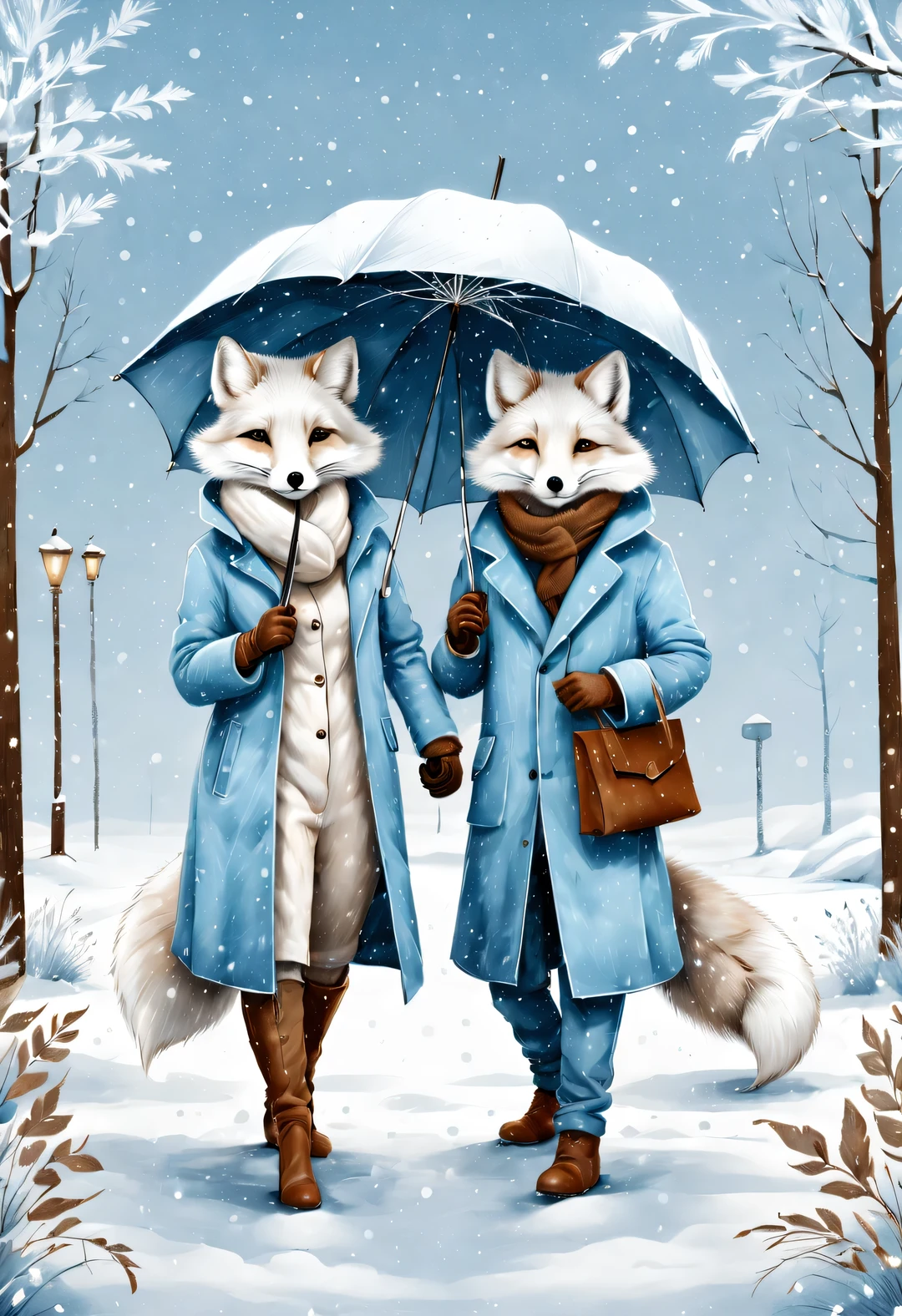 Charming full body cartoon of light blue and white arctic fox couple, snowflakes under umbrella, Ejon Klaassen (Jörn Klassen) re-created in style, toft itself, Modern sketch and dynamic line drawing with brown texture 