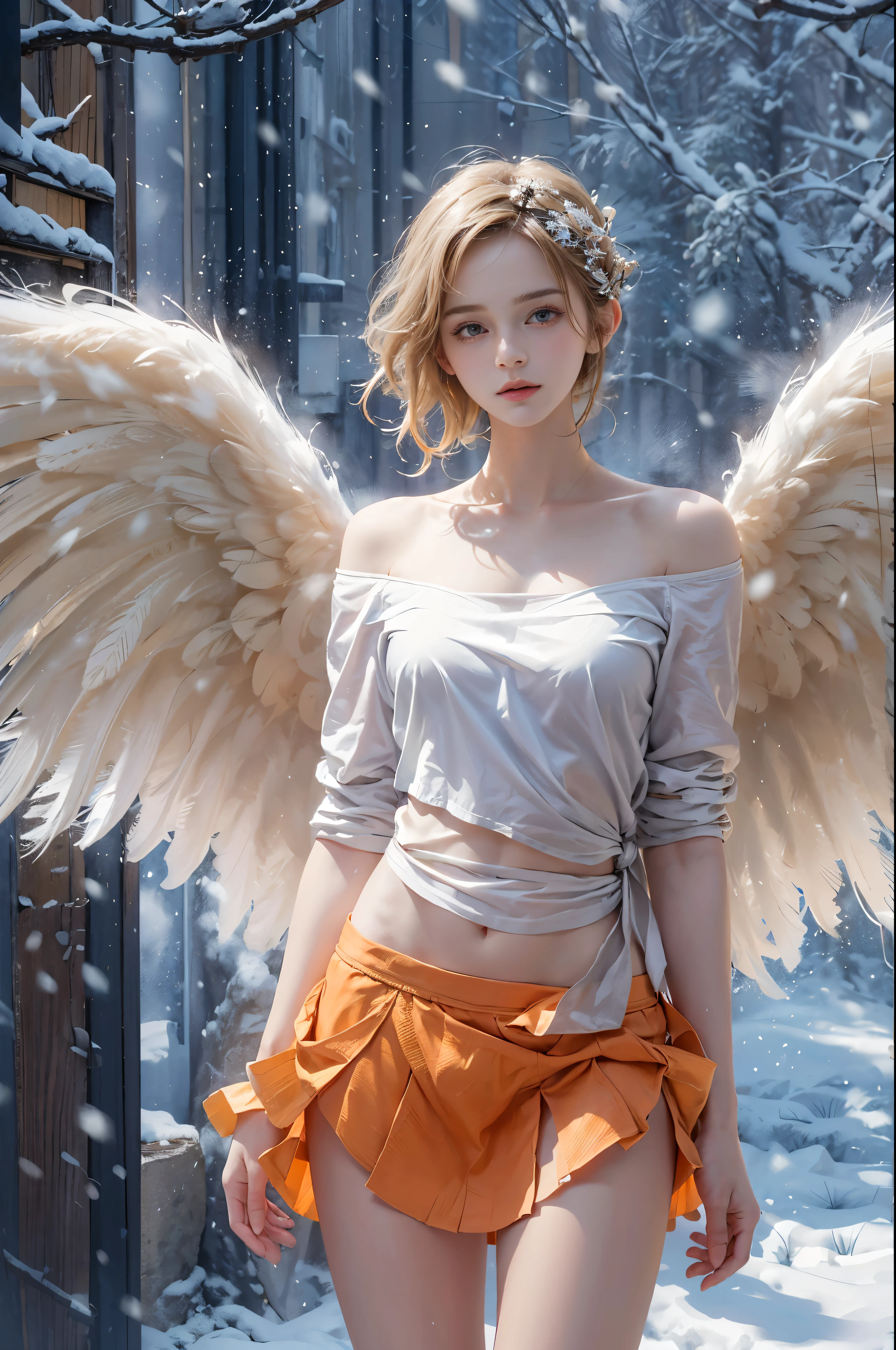 masterpiece, best quality, high quality, High definition, High quality texture, High quality shadow, high detail, beautiful detailed, finely detailed, extremely detailed cg, detailed texture, a realistic representation of the face, realistic, colorful, delicate, sharp focus, (intricate details, makeup, PureErosFace_V1:0.5), (detailed beautiful delicate face, detailed beautiful delicate eyes, a face of perfect proportion, high detailed skin, detailed skin, best ratio four finger and one thumb, skiny and thin:1.3), 1girl, 17 years old, tall, (smooth_abs:1.55), (no_abs:0.5), (((showing abdomen))), (((tummy))), pretty, masterpiece, highres, (long_skinny_legs), (straight_legs), (skinny_waist), (((fair skin))), white skin, (((pale skin))), (Emma_watson), big_breast, (((Caucasian))), (((European))), Light blonde hair, orange Bandeau, orange short pleated skirt, standing legs apart, looking at viewer, full body, portrait of cute blonde girl, (((angel with wings))), (outside,Heavy snowfall, Cover with snow), (frontal light), (((studio light))) ((crop top)), showing abdomen, showing abs, snowfield, bloom, white fog, motion, wispy hair, realism, high-quality rendering, stunning art, high quality, film grain, Fujifilm XT3, dreamy, (((skinny thigh, thin thigh, narrow thigh)))