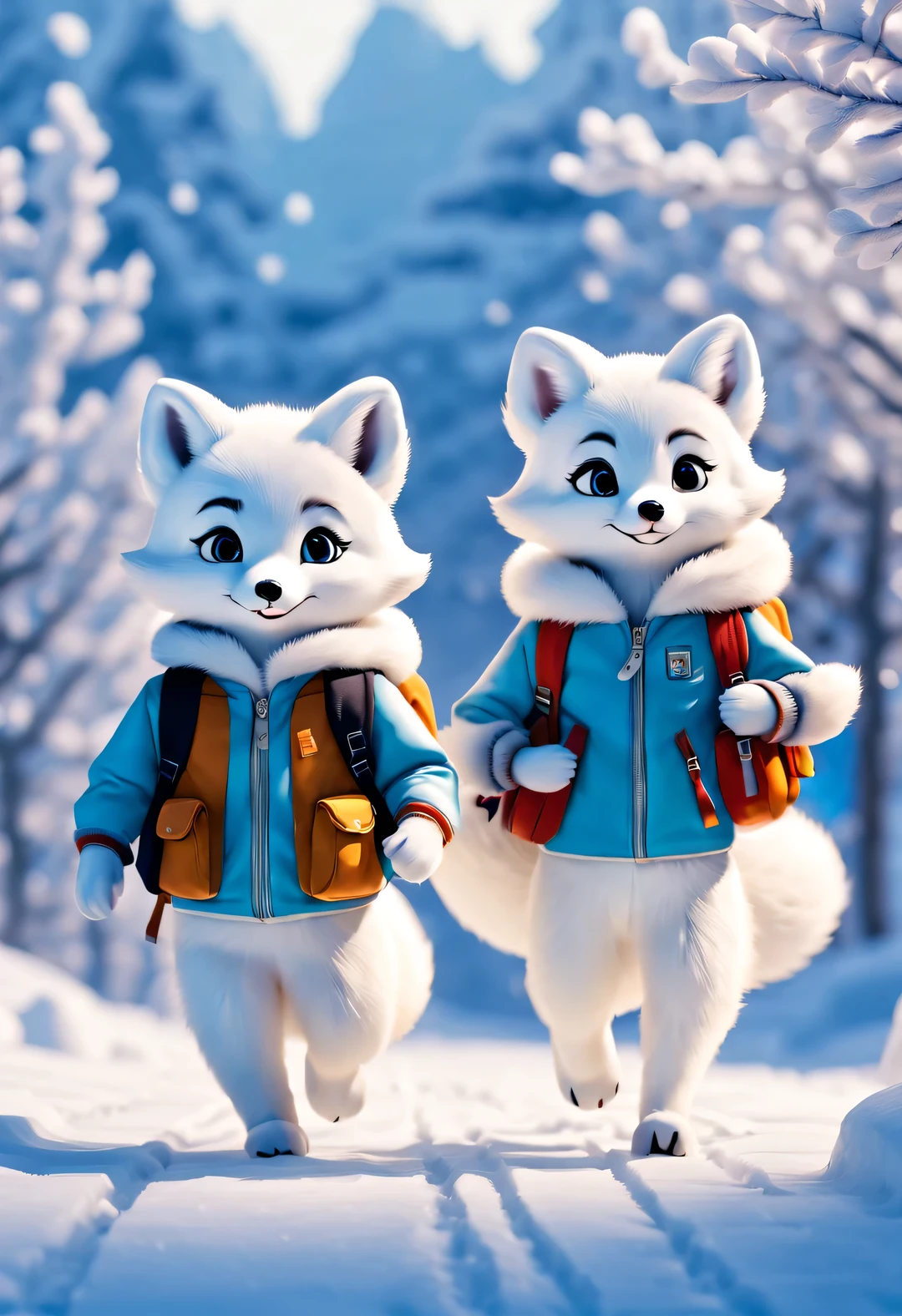couple of little arctic foxes 宝宝 dressed with backpacks are walking down tracks in the snow, Plush doll art style, snapshot aesthetics, #Friday visual effects, k-pop, automatism, brilliant, hidden object pictures ,Snow-white fur,track,Lovely,Pixar,Have fun going to school,nice jacket,