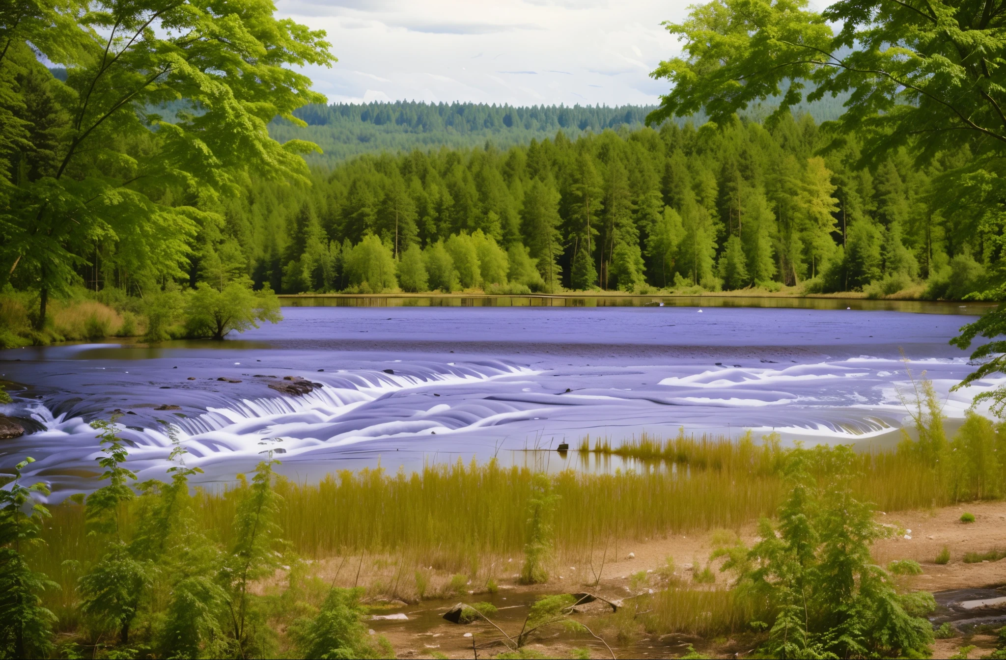 Summer, taiga forest, Running River, Trees in the foreground, specular lighting, dslr, ultra quality. sharp focus, tack sharp, dof, film grain, Fujifilm XT3, crystal clear,