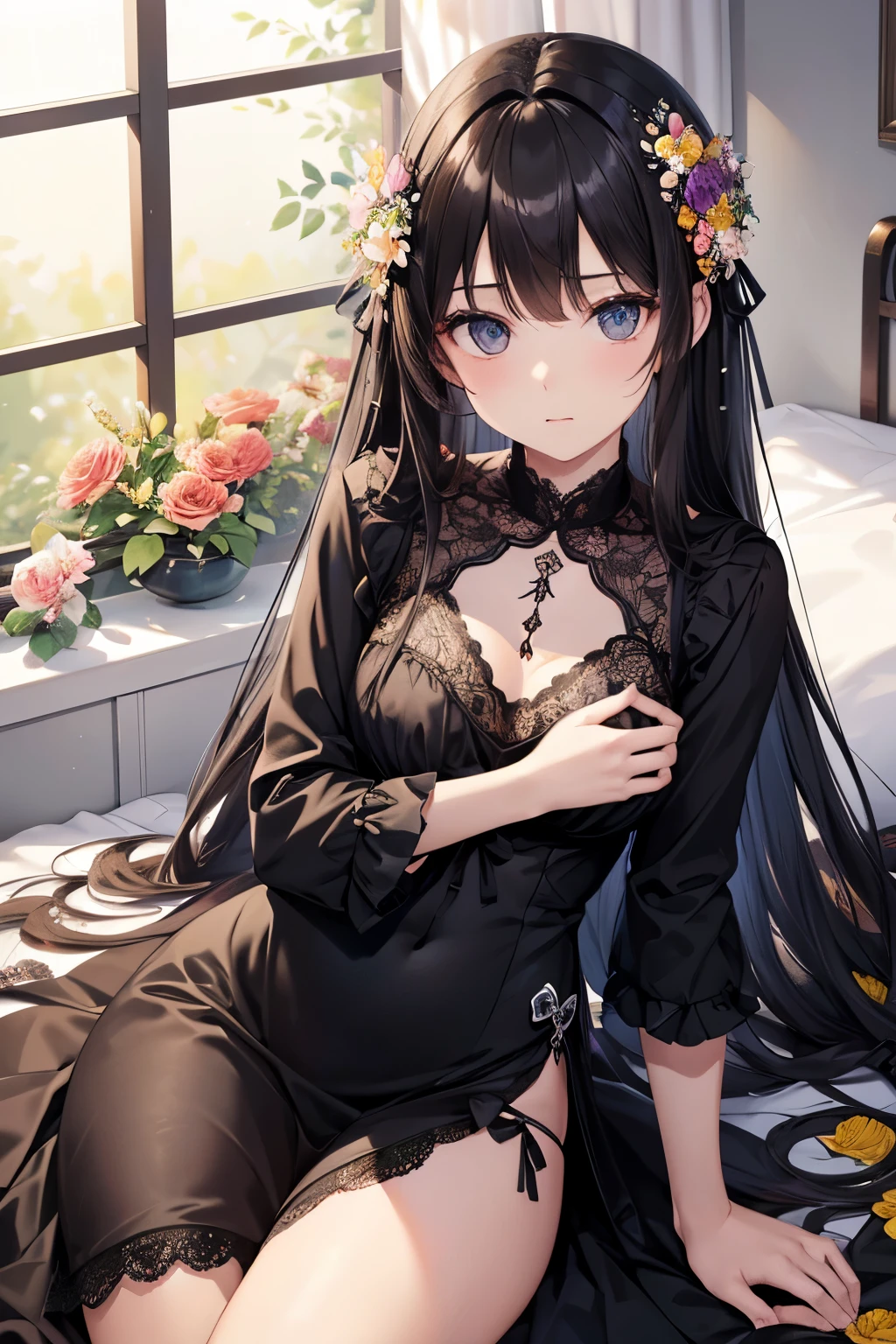 ((highest quality)),(ultra high resolution),(Super detailed),(detailed description),((best CG)),(best work of art),super precision art,great drawing art,(Art with precise details:1.5), Portrait:1.6,bust shot:1.4,(1 woman:1.5),beautiful and well-shaped face:1.5,(Dress with flowers on the chest:1.5)、best quality, Japanese、girl,Slender、small face、tall、 highres,black hair、long hair、Hotel、black lace bra、black panties、、lying in bed、clear