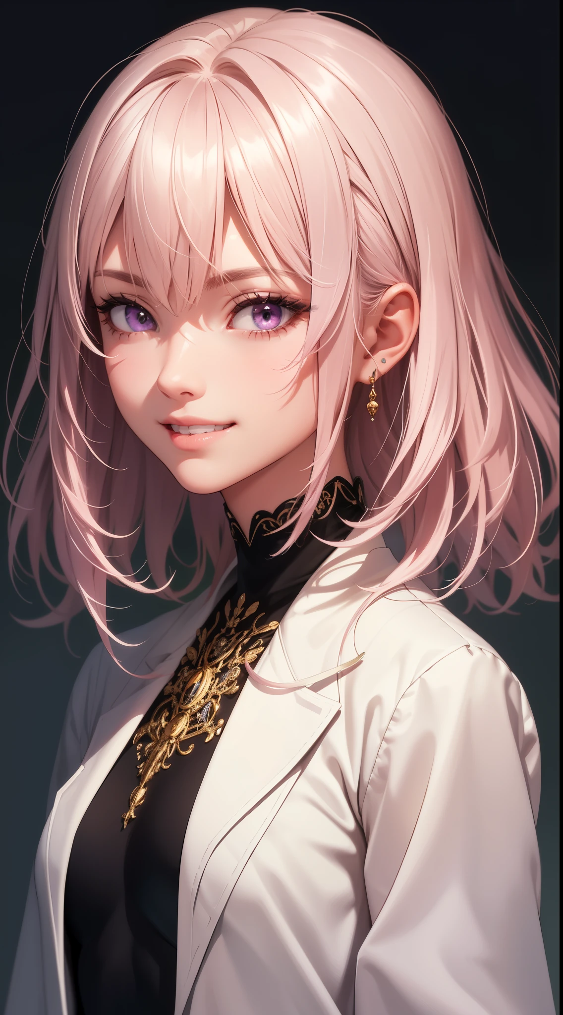 (masterpiece, highest quality), intricate details, thin, ((slim)), beautiful girl, light pink hair, white skin, light purple eyes, sharp jaw line, cropped jacket, messy hair, lips, Upper body, close, grin