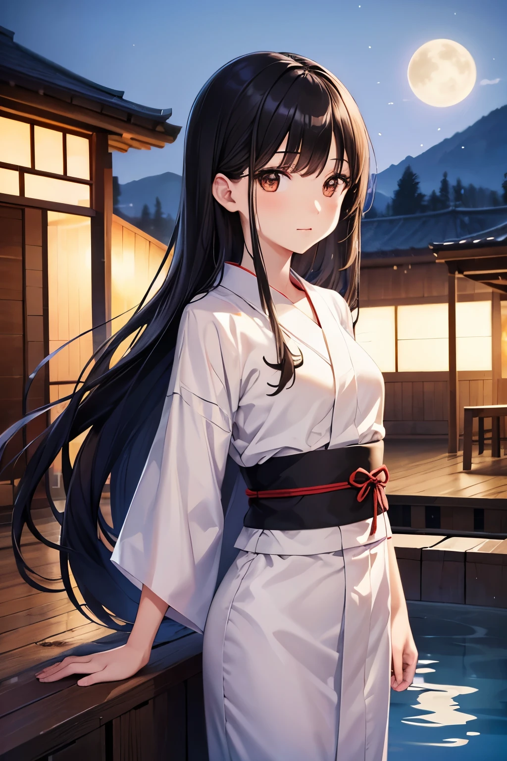 best quality, highres,Slender、small face、brown eyes、tall、black hair、long hair、hot spring、hostel、yukata、22 years old、Mature、night