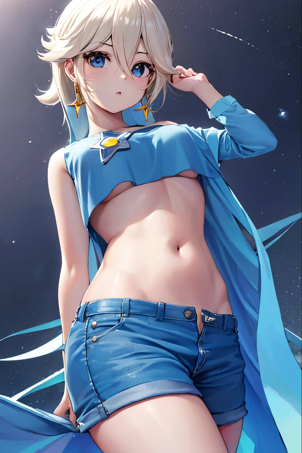 Rosalina, Rosalina, Cabelos loiros, olhos azuis, cabelo sobre um dos olhos, cabelos longos, micro shorts, shorts brancos, Lower breasts on display, blusa levantada mostrando parte dos seios, belly showing, coroa, brincos, joias, princesa, brincos de estrela, BREAK noite, Sky noturno, Sky, estrela\ (Sky\), estrela \(Symbol\), space, sol, BREAK olhando para o espectador, (foto de cowboy: 1.5), BREAK (arte: 1.2 ), melhor qualidade, high resolution, 8k unity wallpaper, (arte: 0,8), (lindos olhos detalhados: 1,6), rosto extremamente detalhado, perfect lighting, CG extremamente detalhado, (perfect hands, anatomia perfeita),