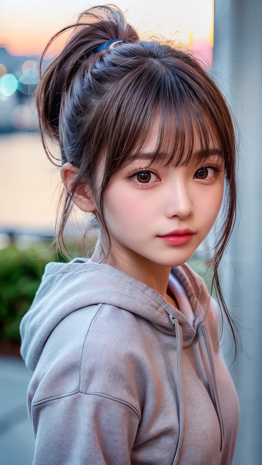 blush,14 years old,small breasts,winter,european cityscape,night,long hair ponytail,outdoors,warm winter clothes,wearing a hoodie with a hood,close up of face,((8K, Raw photo, best quality, muste piece:1.2), (Reality, photorealistic:1.4), (Highly detailed 8K wallpaper), Depth of the bounds written, cinematic lighting, soft light, detailed beauty eye,Shiny and smooth light brown ponytail, asymmetrical bangs, shiny skin, super detailed skin ,high resolution, high detail, detailed hairstyle, detailed beauty face, hyper real, perfect limbs, perfect anatomy ,1 Japanese girl,famous japanese idol, perfect female body,shy smile,short eyelashes,double-edged eyelids,look straight here,Hair style is ponytail,
