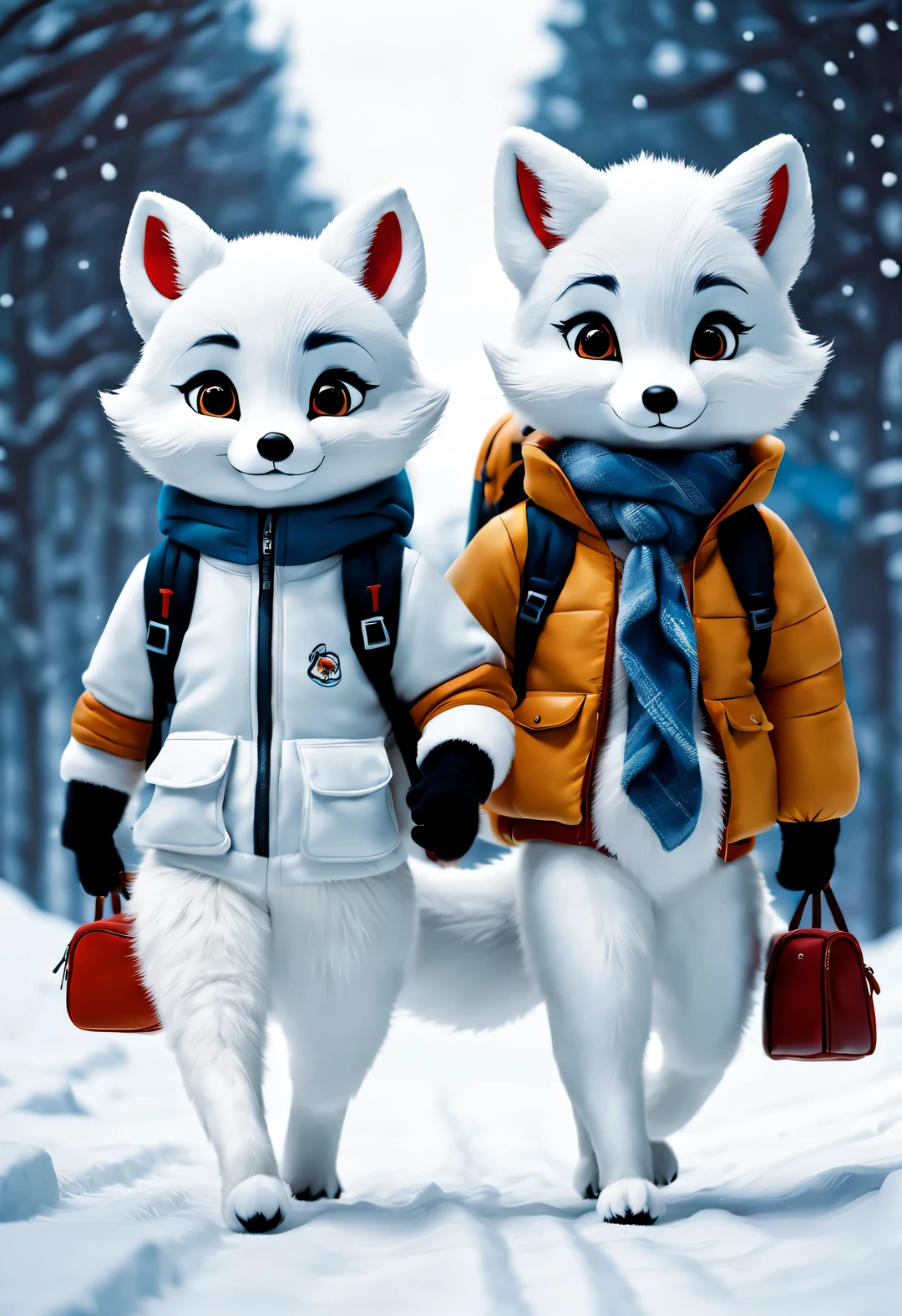 couple of little arctic foxes dressed with backpacks are walking down tracks in the snow, Plush doll art style, snapshot aesthetics, #Friday visual effects, k-pop, automatism, brilliant, hidden object pictures ,Snow-white fur,nice jacket,track,Lovely,Pixar,go to school