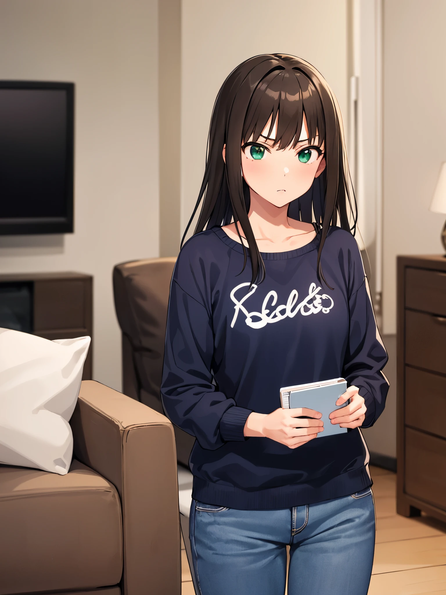 Rin Shibuya、1 girl, mature woman, green eyes、black long hair、casual clothes、blue sweater、long pants、troubled face, thinking、highest quality, hire, detailed face, living room at home、 detailed background, Depth of written boundary, Bokeh