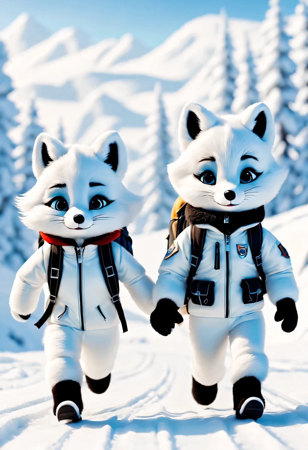 couple of little arctic foxes dressed with backpacks are walking down 车track in the snow, Plush doll art style, snapshot aesthetics, #Friday visual effects, k-pop, automatism, brilliant, hidden object pictures ,Snow-white fur,Handsome ski suit,track,Lovely,Pixar,