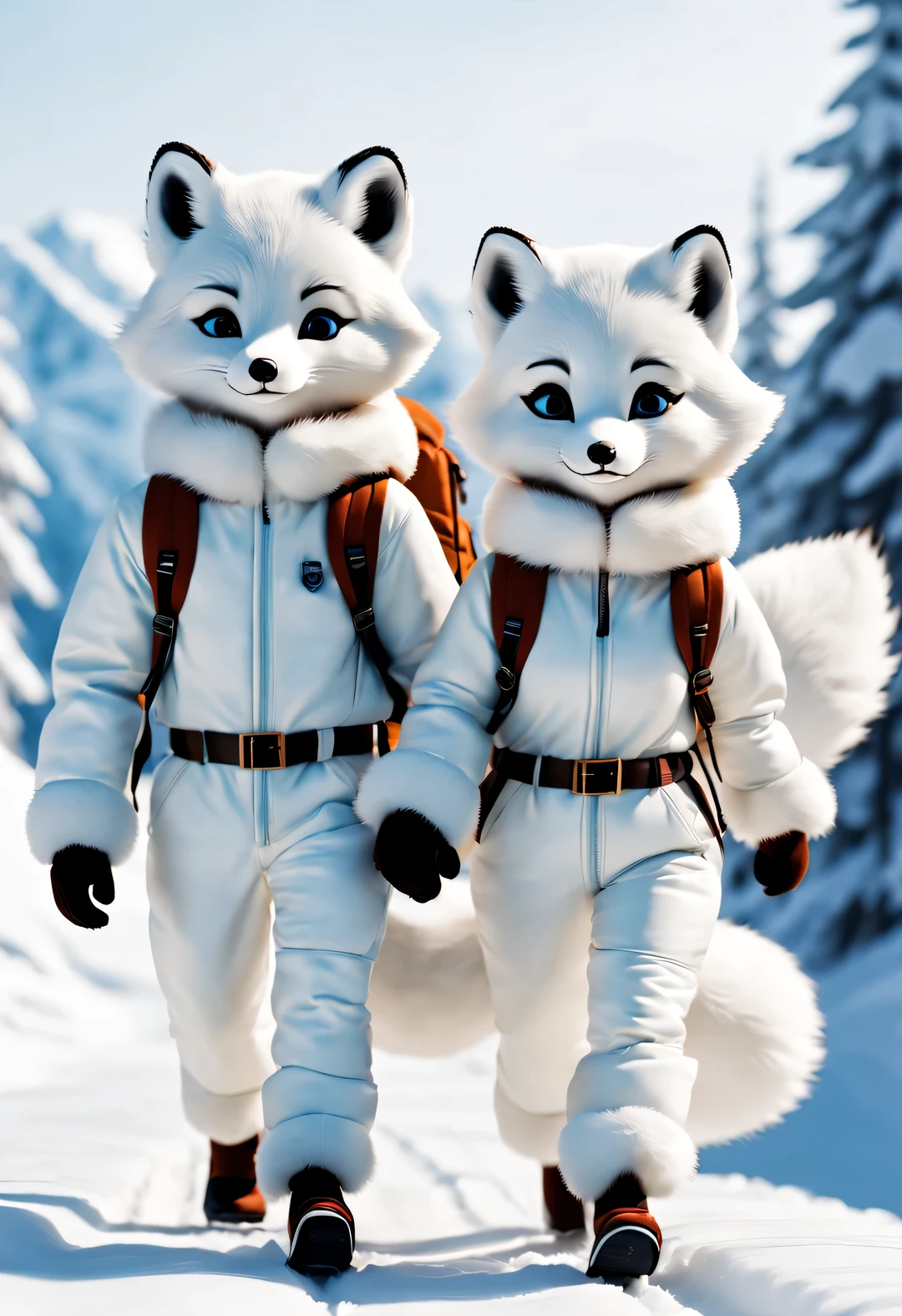 couple of little arctic foxes dressed with backpacks are walking down tracks in the snow, Plush doll art style, snapshot aesthetics, #Friday visual effects, k-pop, automatism, brilliant, hidden object pictures ,Snow-white fur,Handsome ski suit,track,Lovely,Pixar,