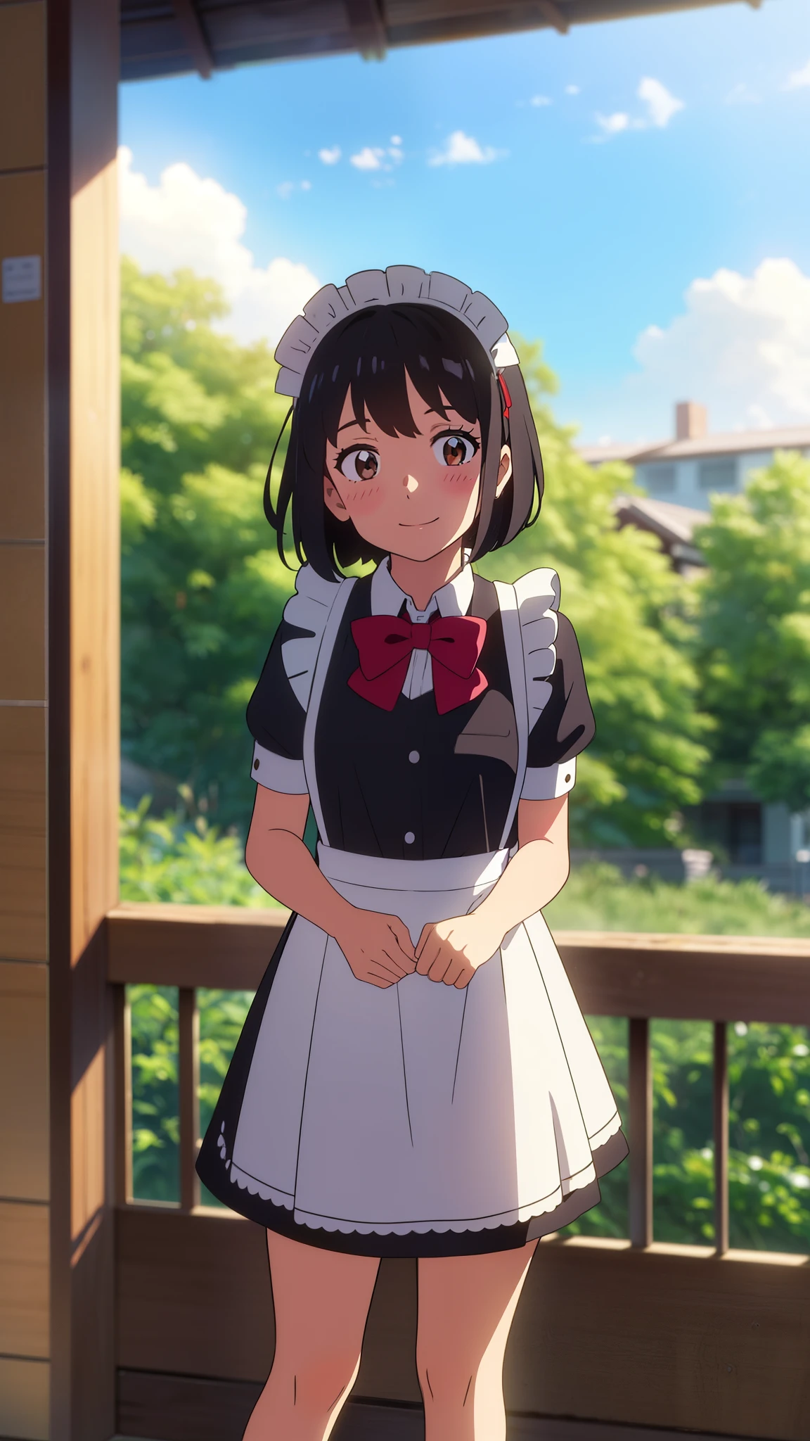 shinkai makoto, kimi no na wa., 1girl, bangs, black hair, short hair, blush, brown eyes, looking at the viewer, ((girl wear maid dress, short sleeves, short dress, short skirt, maid headdress)), school uniform, red bow, red ribbon, smile, cute, school backpack, happy, fun, joyful, school, outdoors, sky, cloud, sunlight