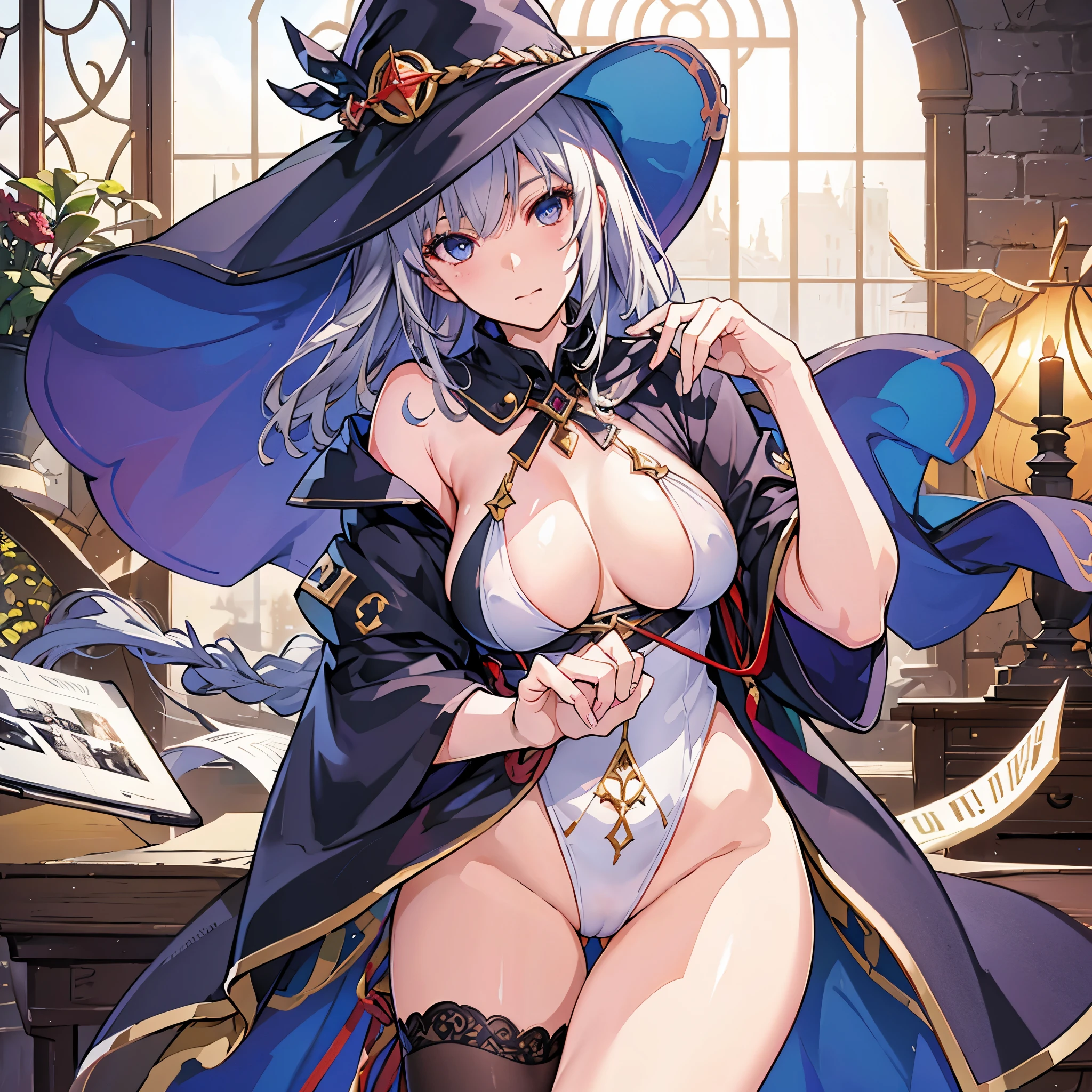 (highest quality, In 4K, 8k, High resolution, pieces fly:1.2),Super detailed,mature woman,,master piece, highest quality, super fine,maximum resolution, very detailed, sexy,beautiful eyes,nice&beauty,(witch,white leotard,bottomless, mage,thigh high socks,big breasts,cape,high-leg)),braided hair,seductive thighs,code,black long hair,In a medieval castle,wind