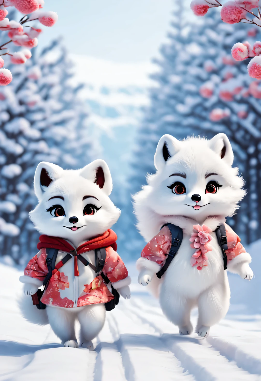 couple of little arctic foxes dressed with backpacks are walking down tracks in the snow, Plush doll art style, snapshot aesthetics, #Friday visual effects, k-pop, automatism, brilliant, hidden object pictures ,Snow-white fur,Beautiful floral dress,track,Lovely,Pixar,