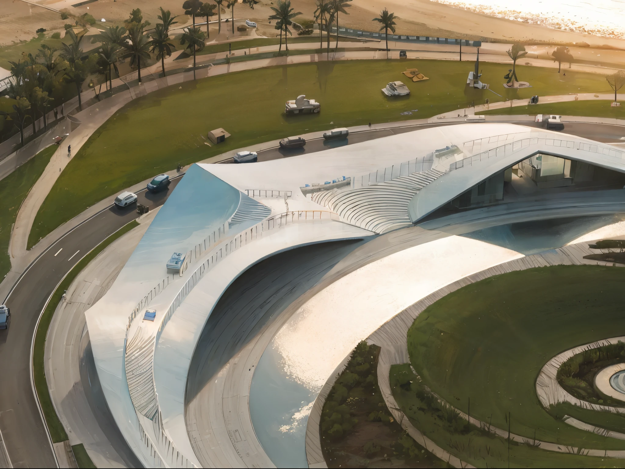 Aerial view of curved building with curved roof，multi-layer，multi-layer的波浪形穹顶, by Zha Shibiao, curvilinear building, Zaha Hadid architect's style, tilt shift zaha hadid background, inspired by Zha Shibiao, Clear and smooth lines, artistic rendering, Zaha Hadid style architecture, Inspired by Joao Artur da Silva, Smooth curve design