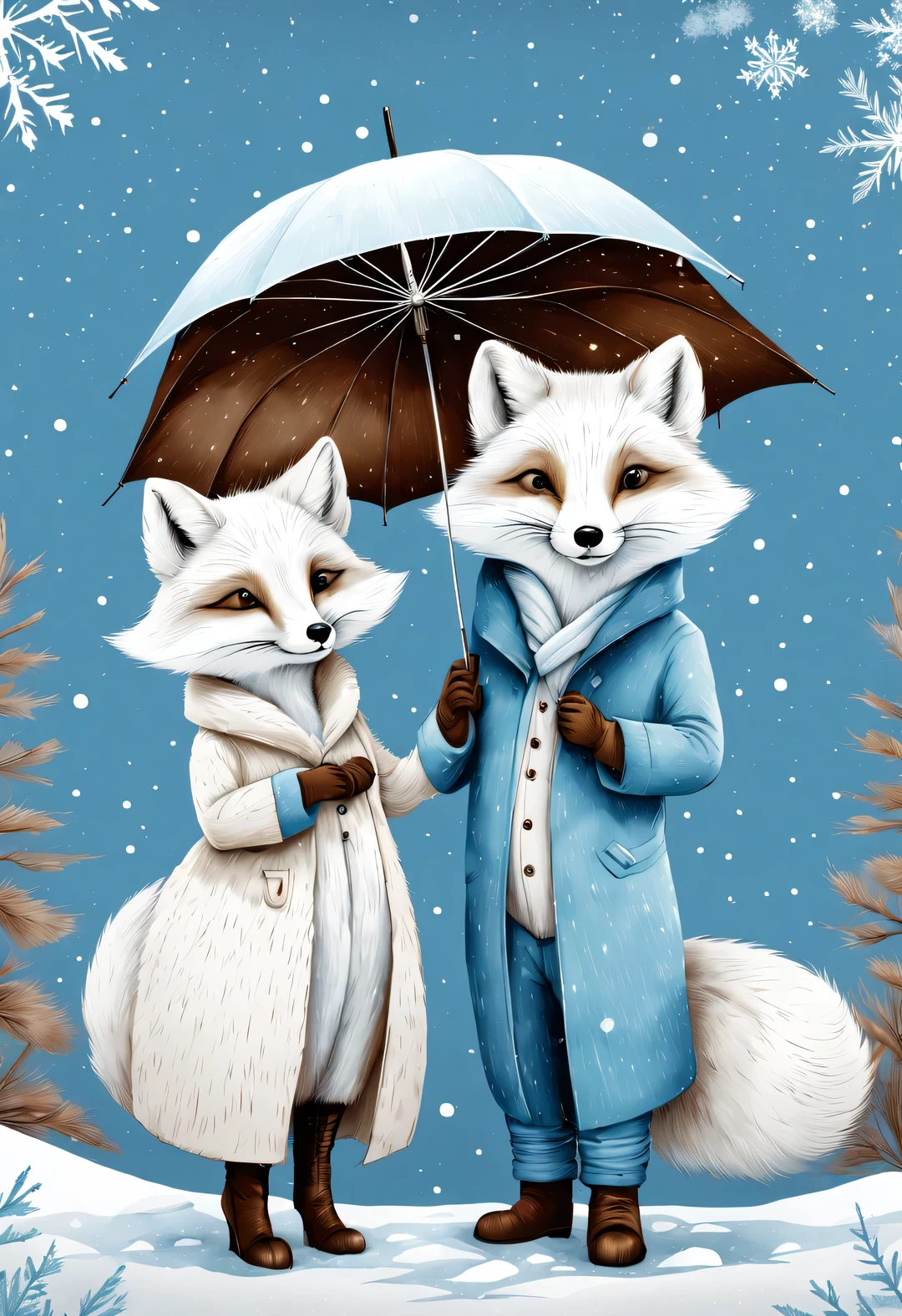 Charming full body cartoon of light blue and white arctic fox couple, snowflakes under umbrella, Ejon Klaassen (Jörn Klassen) re-created in style, toft itself, Modern sketch and dynamic line drawing with brown texture 