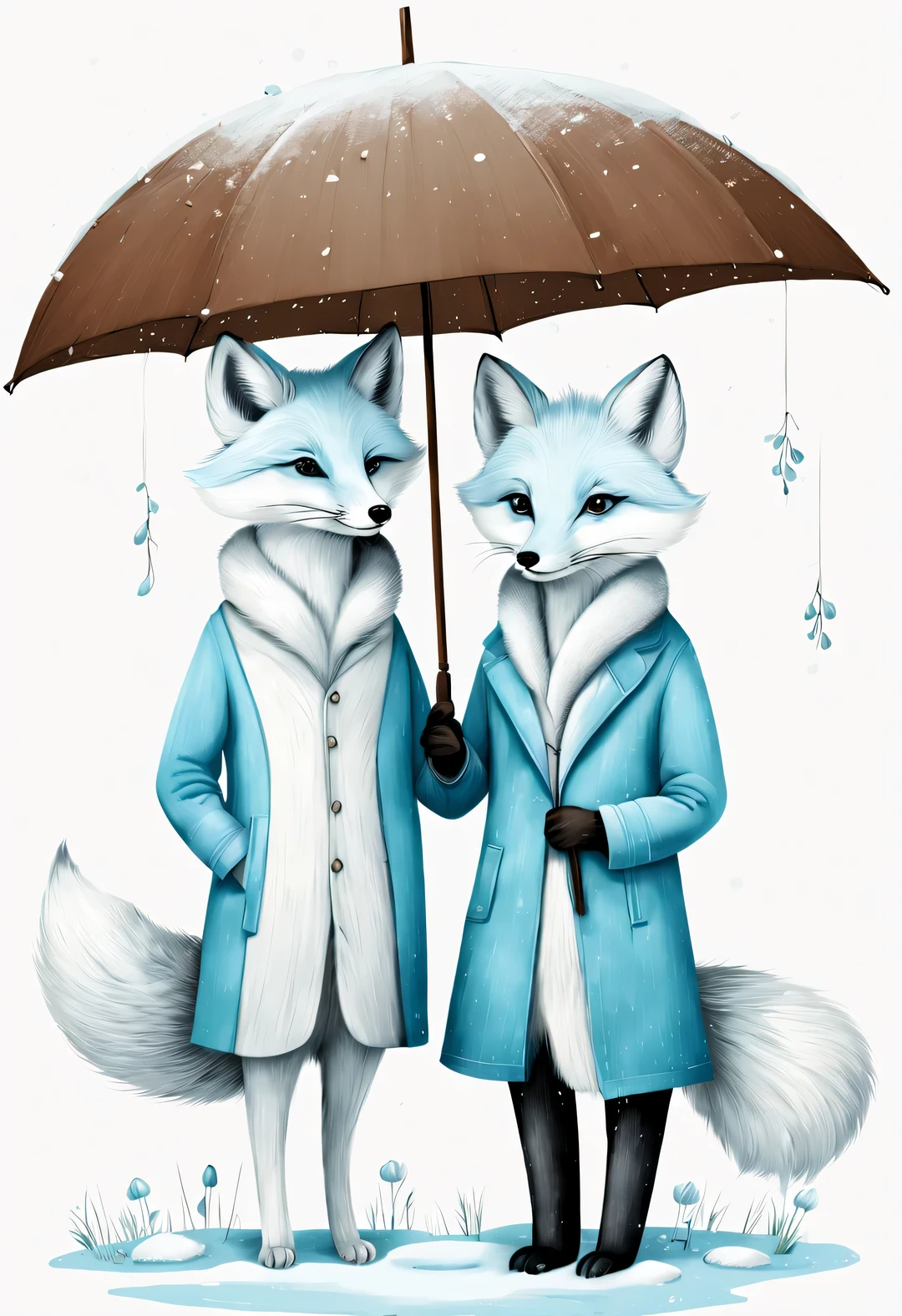 Charming full body caricature of a light blue and white arctic fox couple under an umbrella, snowdrop, Ejon Klaassen (Jörn Klassen) re-created in style, toft itself, Featuring modern sketches and dynamic line drawings, brown texture
