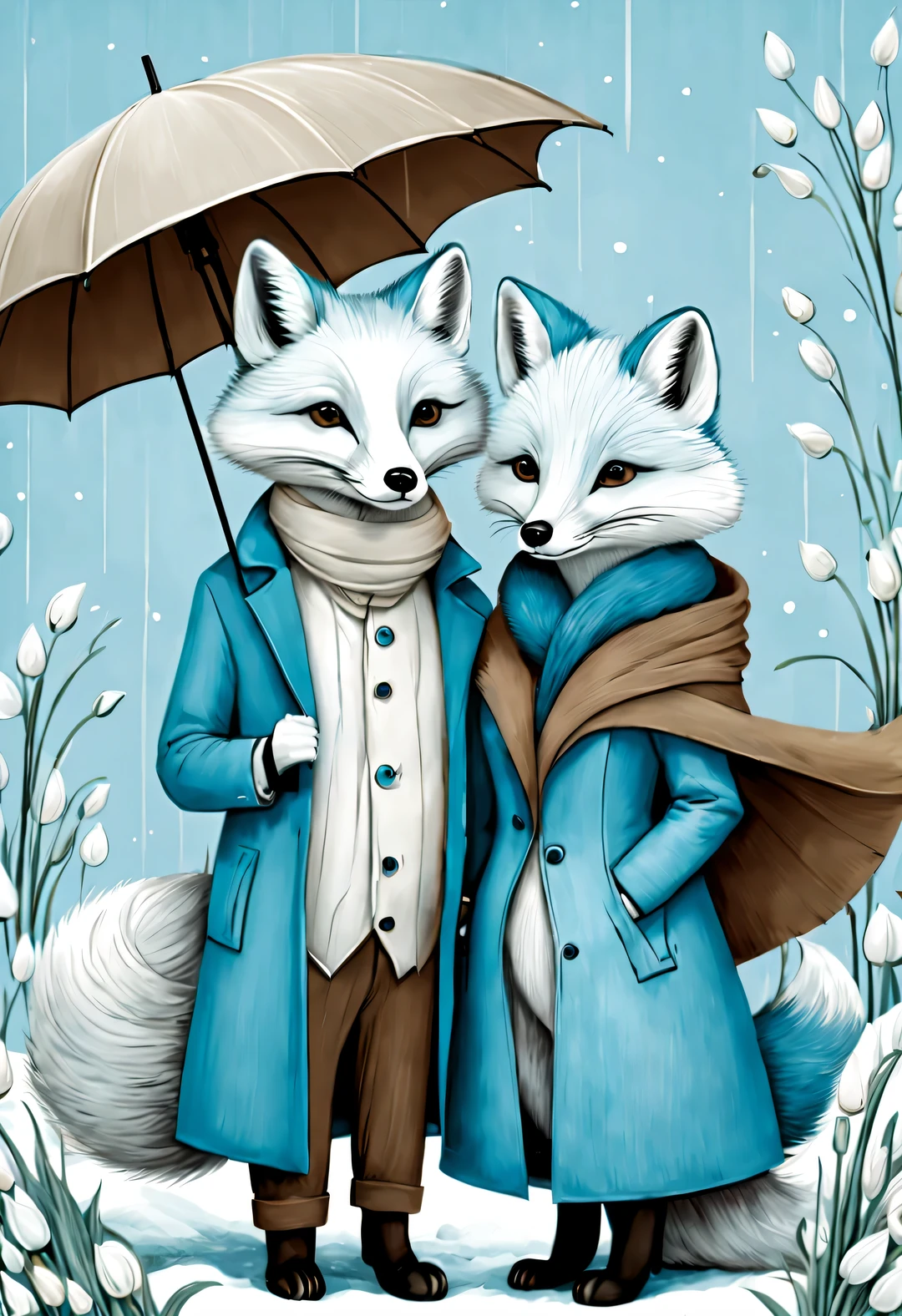 Charming full body caricature of a light blue and white arctic fox couple under an umbrella, snowdrop, Ejon Klaassen (Jörn Klassen) re-created in style, toft itself, Featuring modern sketches and dynamic line drawings, brown texture 