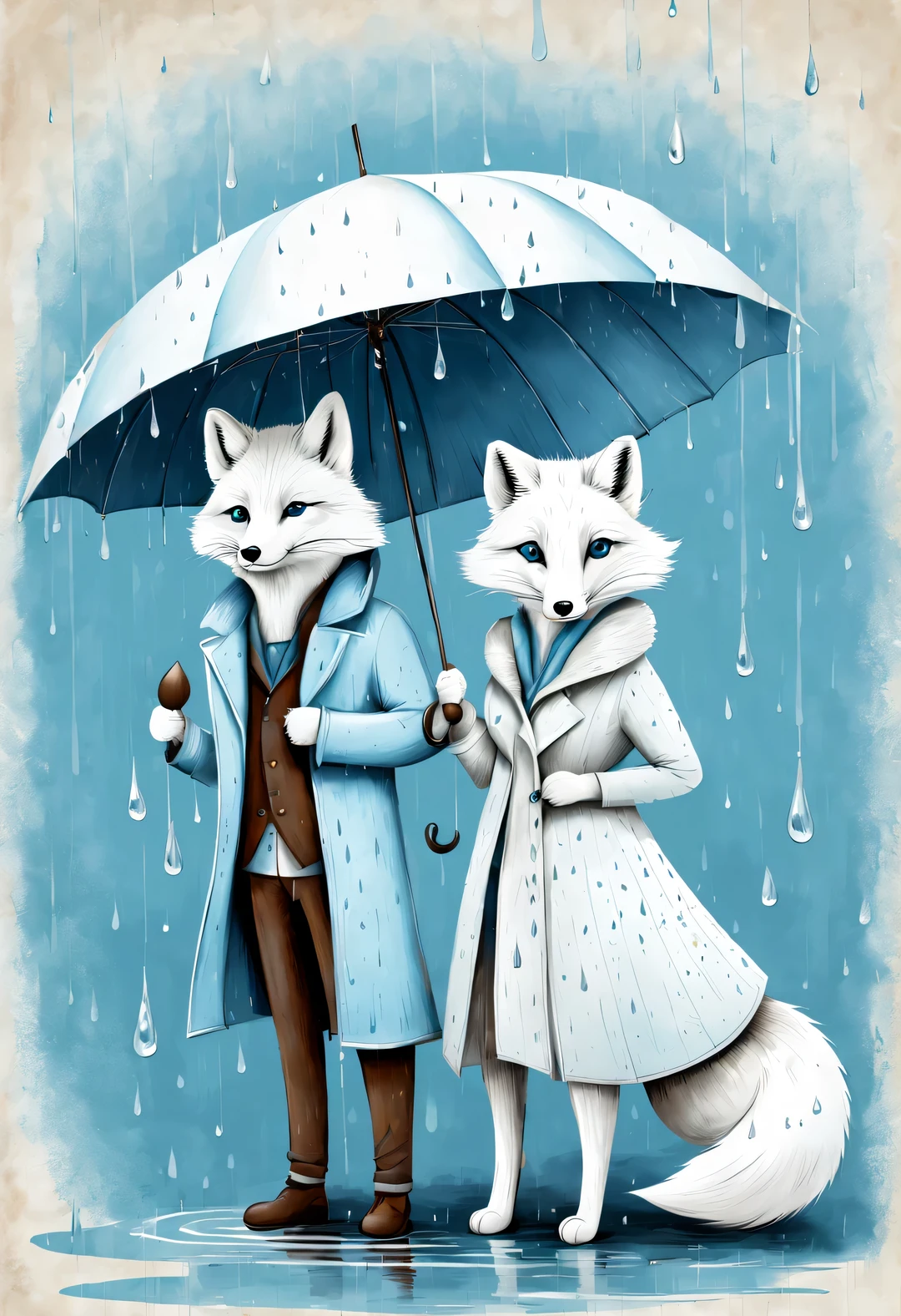 Charming full body caricature of a light blue and white arctic fox couple under an umbrella, raindrop, Ejon Klaassen (Jörn Klassen) re-created in style, toft itself, Featuring modern sketches and dynamic line drawings, brown texture