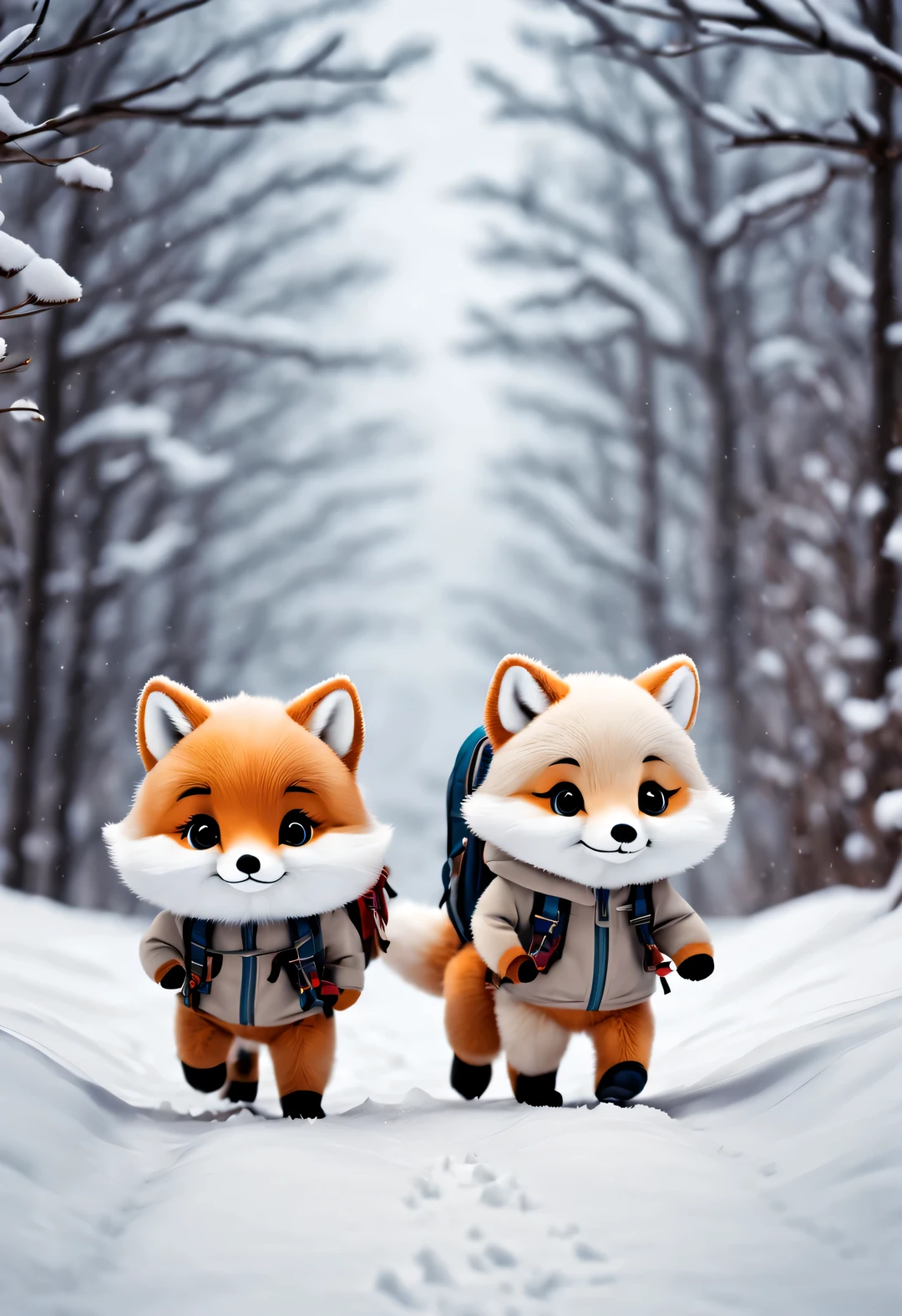 Several little arctic foxes carrying backpacks are walking on a trail in the snow, Plush doll art style, snapshot aesthetics, #Friday visual effects, k-pop, automatism, brilliant, hidden object pictures 