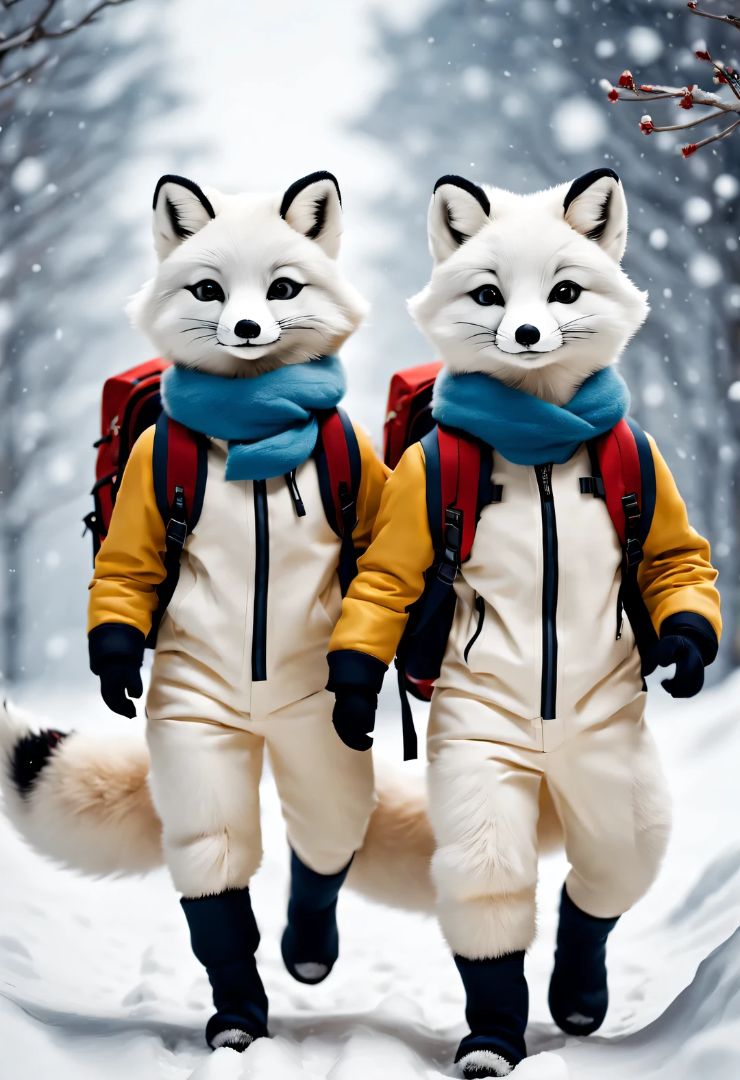 Several little arctic foxes carrying backpacks are walking on a trail in the snow, Plush doll art style, snapshot aesthetics, #Friday visual effects, k-pop, automatism, brilliant, hidden object pictures