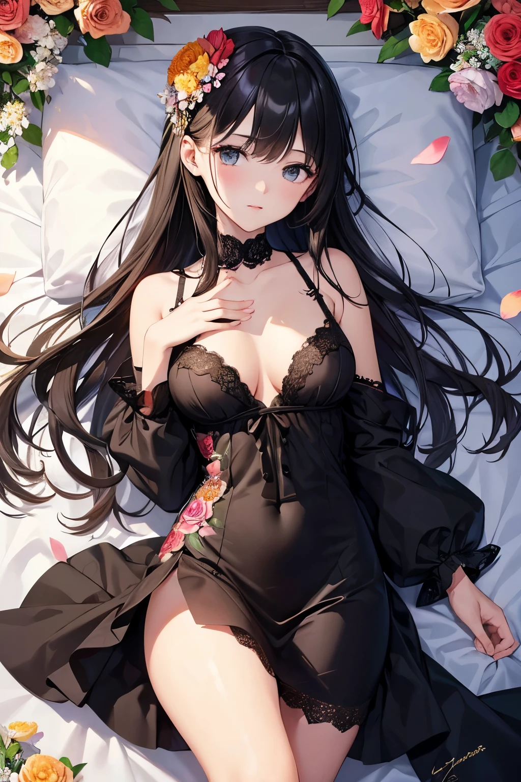 ((highest quality)),(ultra high resolution),(Super detailed),(detailed description),((best CG)),(best work of art),super precision art,great drawing art,(Art with precise details:1.5), Portrait:1.6,bust shot:1.4,(1 woman:1.5),beautiful and well-shaped face:1.5,(Dress with flowers on the chest:1.5)、best quality, Japanese、girl,Slender、small face、tall、 highres,black hair、long hair、Hotel、black lace bra、black panties、17 years old、lying in bed、clear
