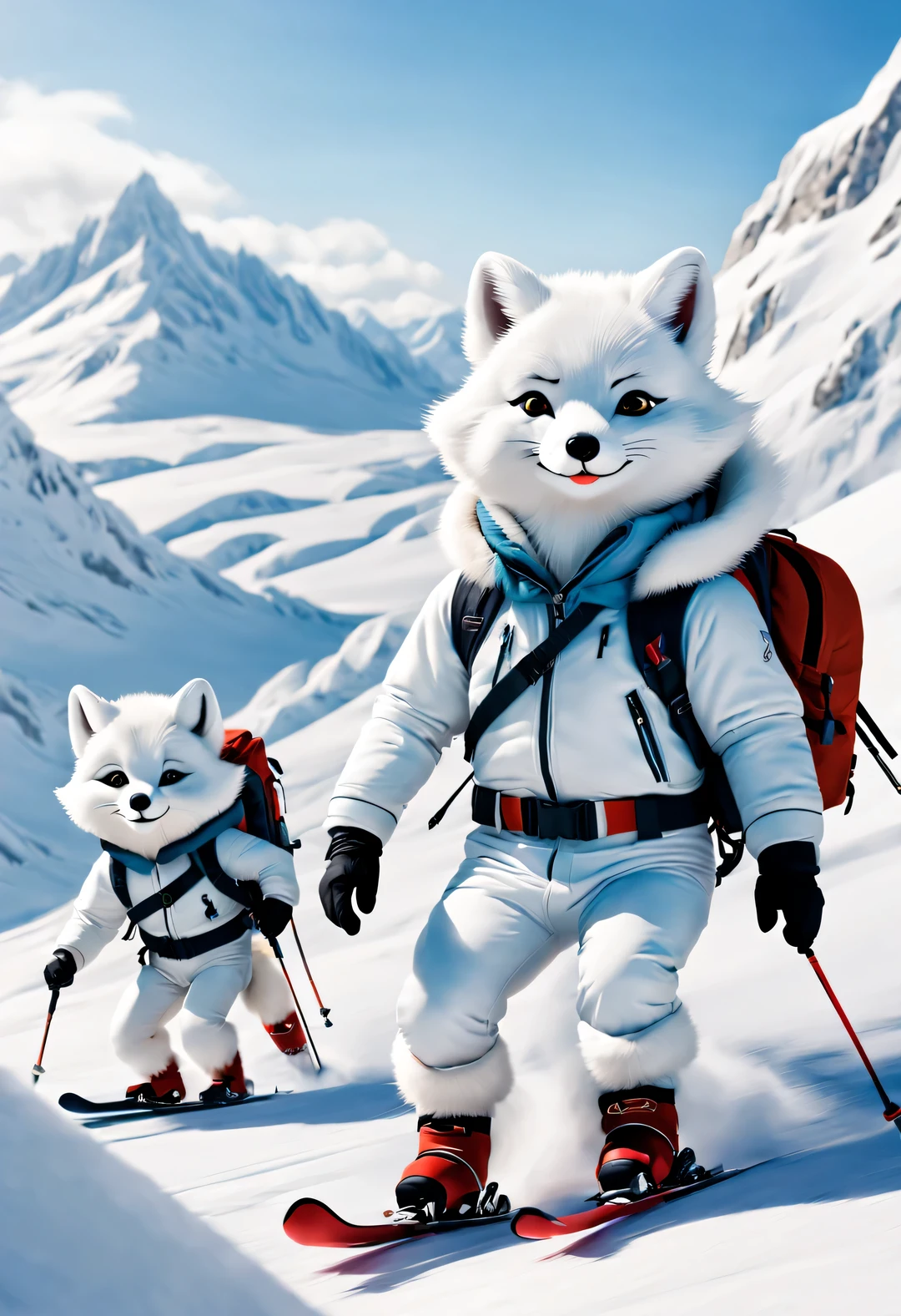 Several arctic foxes skiing with backpacks, Plush doll art style, snapshot aesthetics, #Friday visual effects, Korean, automatism, glory, hidden object pictures
,Snow-white fur,Handsome ski suit,Lovely,Pixar,