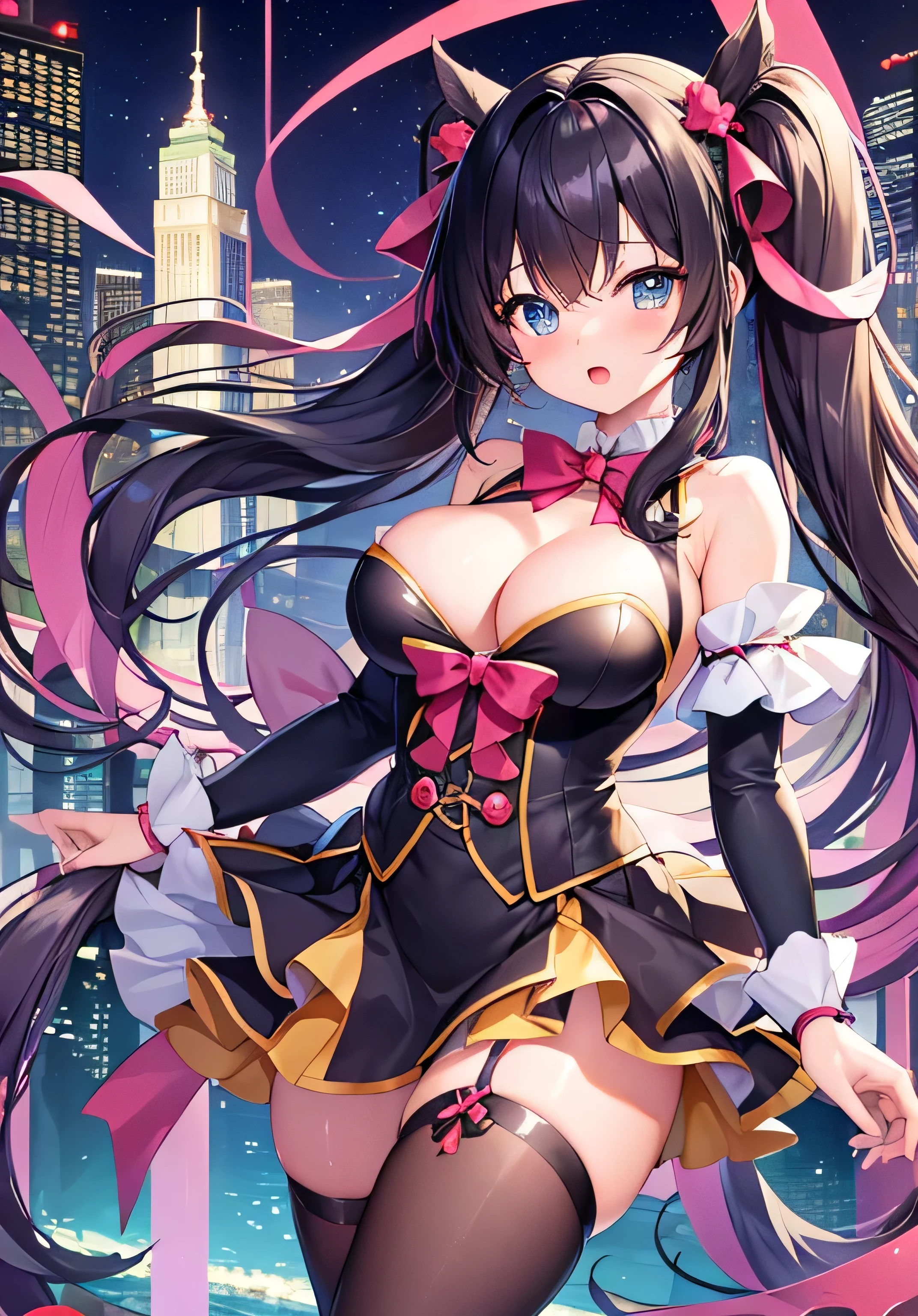 masterpiece、best image quality、ultra high resolution、NSFW、A age magical girl with firm big breasts、twin tail hairstyle、black hair、red face、shyly、mock、Open your mouth just a little、Teenmagical girl cosplay that shows cleavage、Teenage cal girl miniskirt、Teenage magigirl knee-high socks、skyscrapers at night、on the roof of a skyscraper、at night