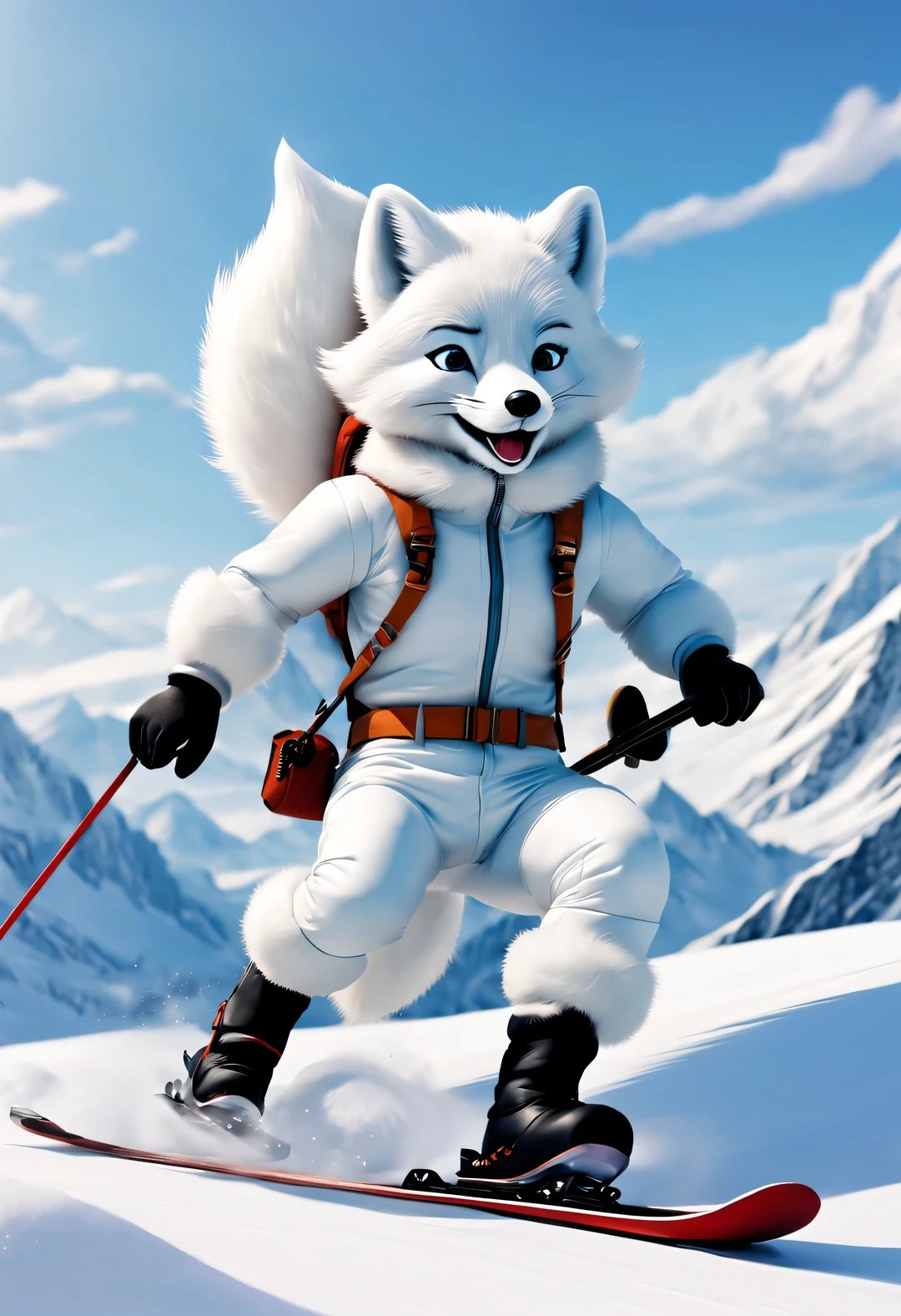 Several arctic foxes skiing with backpacks, Plush doll art style, snapshot aesthetics, #Friday visual effects, Korean, automatism, glory, hidden object pictures 
，Snow-white fur，Handsome ski suit，Lovely，Pixar，