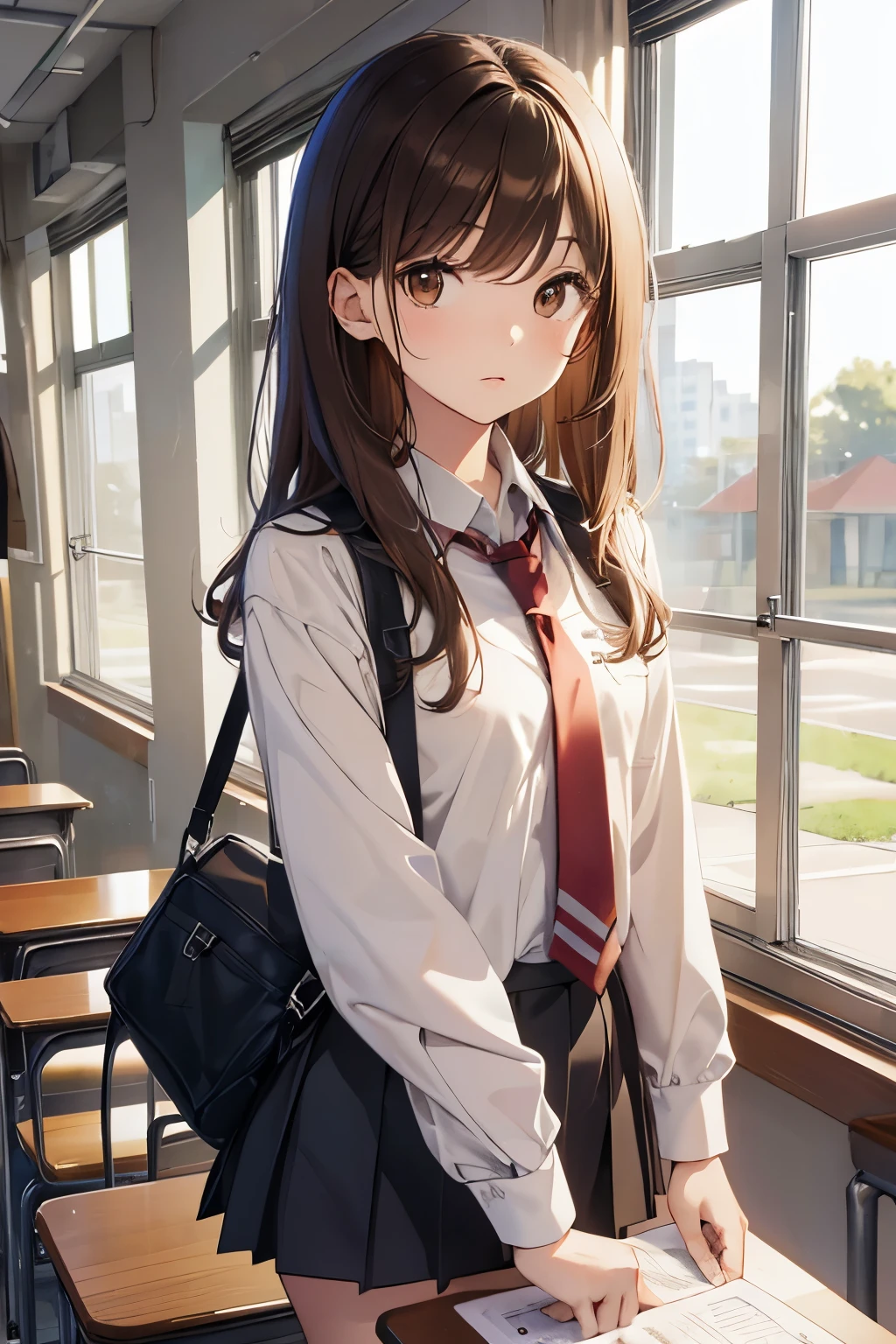 best quality, highres,Slender、small face、brown eyes、tall、brown hair、shortcut,School、classroom、uniform、22 years old、Mature