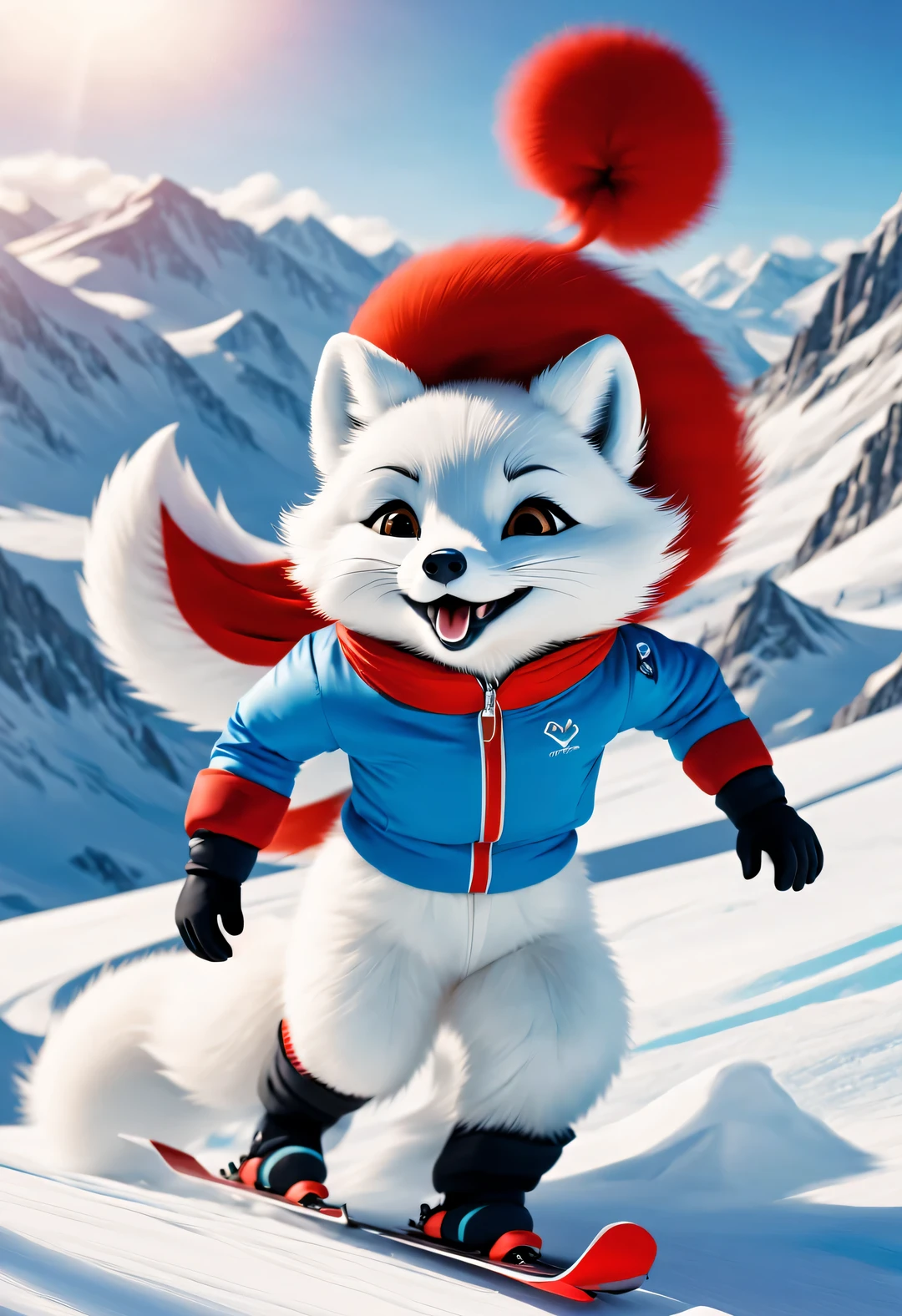 Several arctic foxes skiing in the mountains, Difficult ski moves, Plush doll art style, snapshot aesthetics, #Friday visual effects, Korean, automation, glory, hidden object pictures , Snow-white fur, Handsome red and blue ski suit, Lovely, Pixar,...