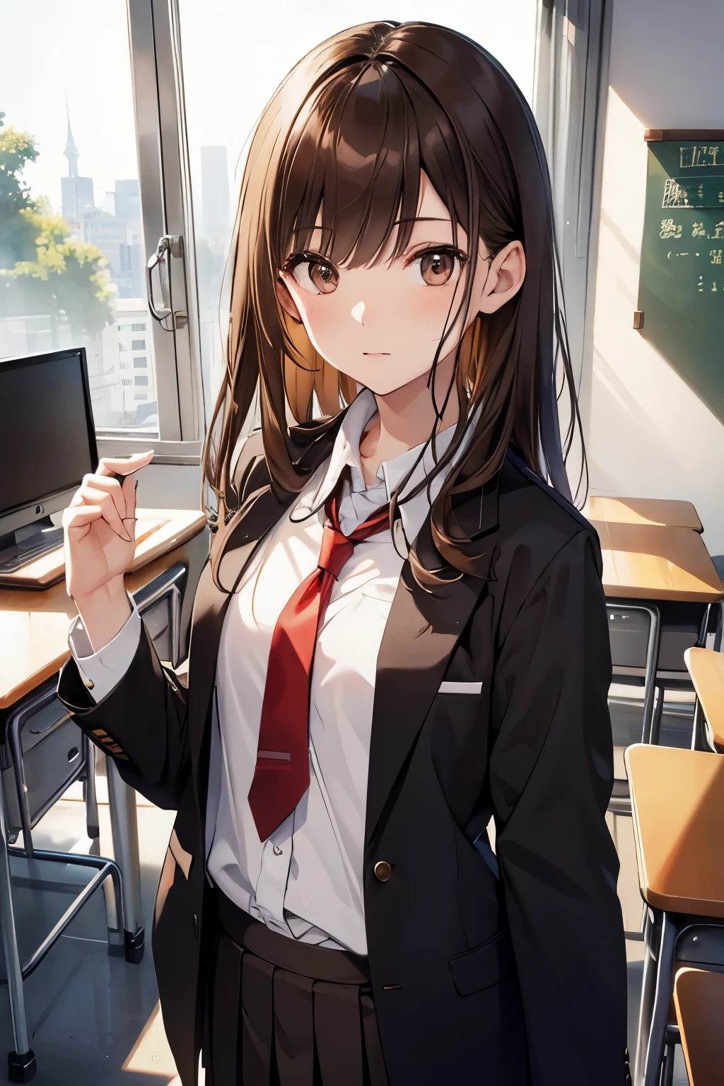 best quality, highres,Slender、small face、brown eyes、tall、brown hair、shortcut,School、classroom、uniform、22 years old、Mature