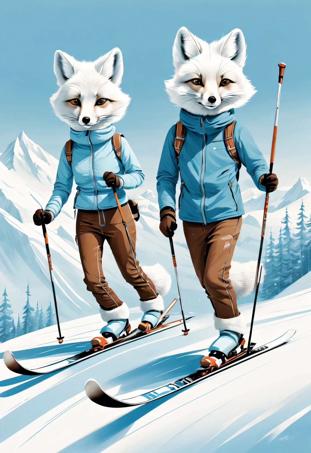 Charming light blue and white full body caricature of an arctic fox couple, Skiing, Dynamic skiing moves, Reproduced in the style of Jörn Klassen, toft itself, Modern sketches and dynamic line drawings, Has a brown texture 