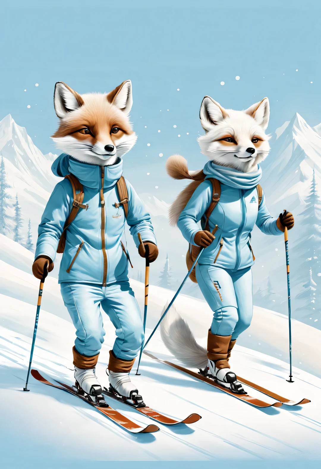 Charming light blue and white full body caricature of an arctic fox couple, Skiing, Dynamic skiing moves, Reproduced in the style of Jörn Klassen, toft itself, Modern sketches and dynamic line drawings, Has a brown texture 