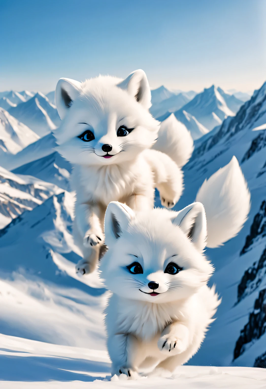 A pair of baby arctic foxes ski high up a snowy mountain, Dynamic, Plush doll art style, snapshot aesthetics, #Friday visual effects, South Korea, automation, brilliant, hidden object pictures , Snow-white fur, Lovely, Elf, ski, cold weather clothing.