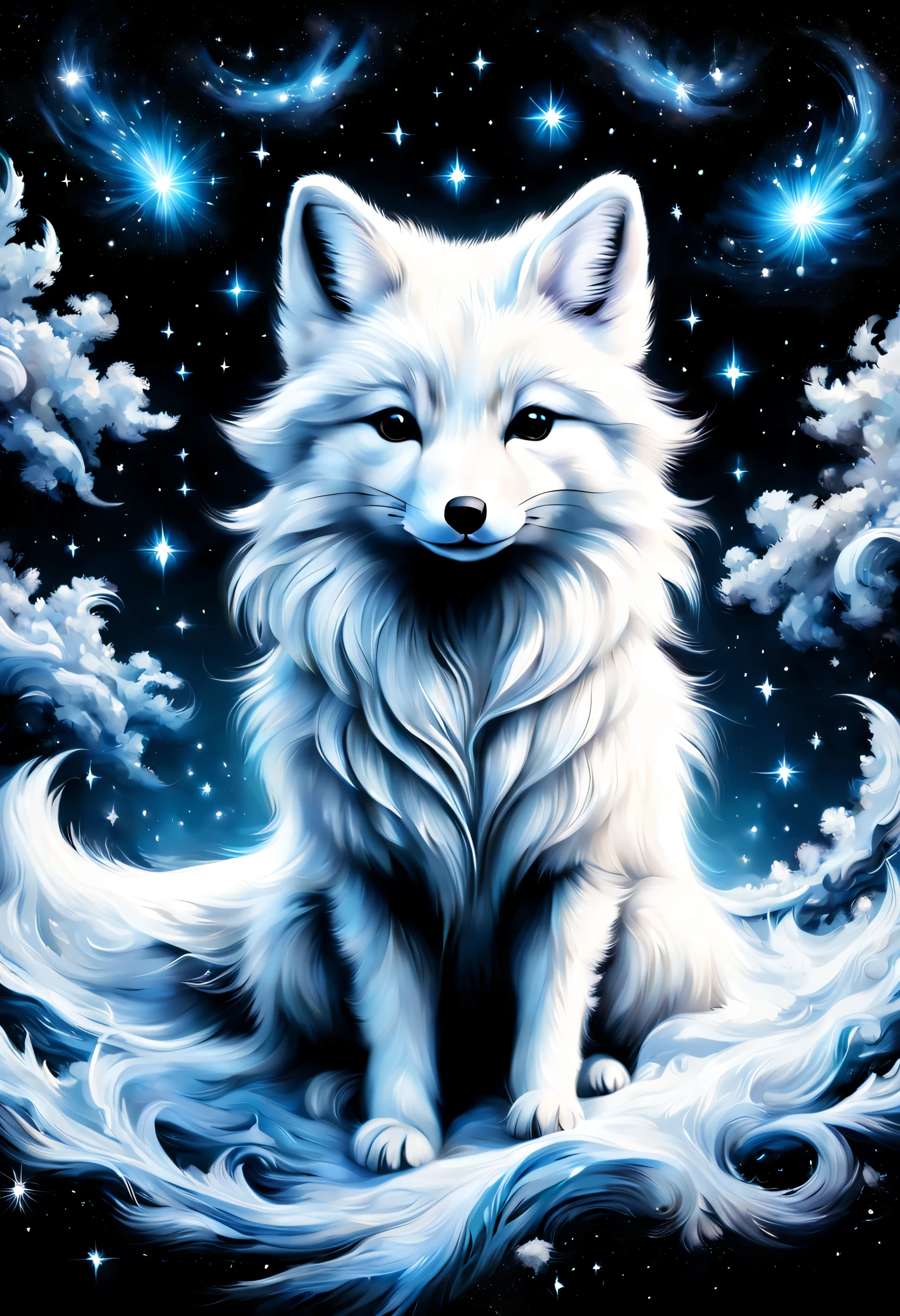 black and white minimal paint,Arctic landscape,arctic fox dance,be familiar with pattern,cute,Lovely,masterpiece,be familiar with,rendering,Oil paints,watercolor painting,general brushstrokes,stroke,masterpiece,最高masterpiece,beautiful starry sky