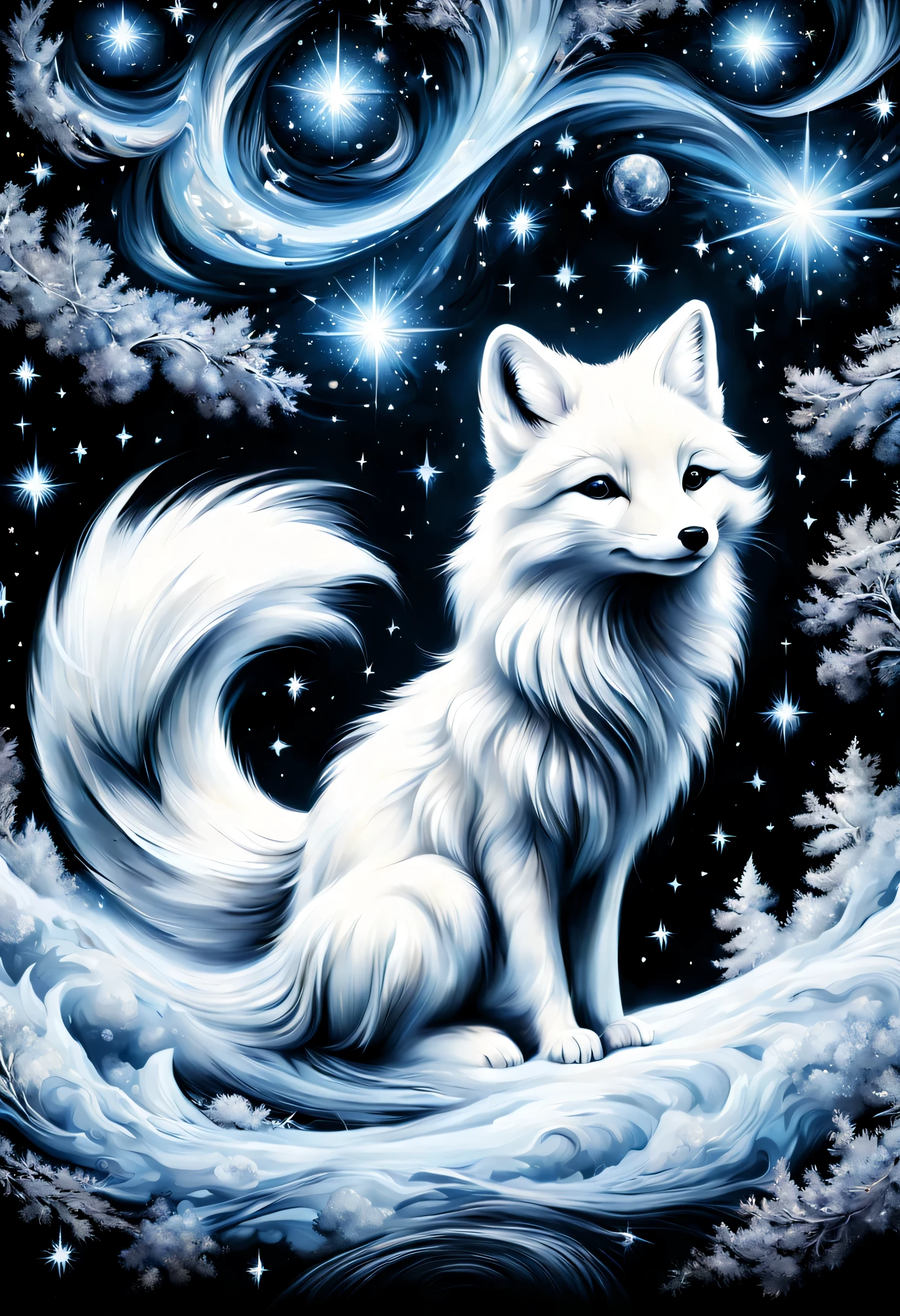 black and white minimal paint,Arctic landscape,arctic fox dance,be familiar with pattern,cute,Lovely,masterpiece,be familiar with,rendering,Oil paints,watercolor painting,general brushstrokes,stroke,masterpiece,最高masterpiece,beautiful starry sky